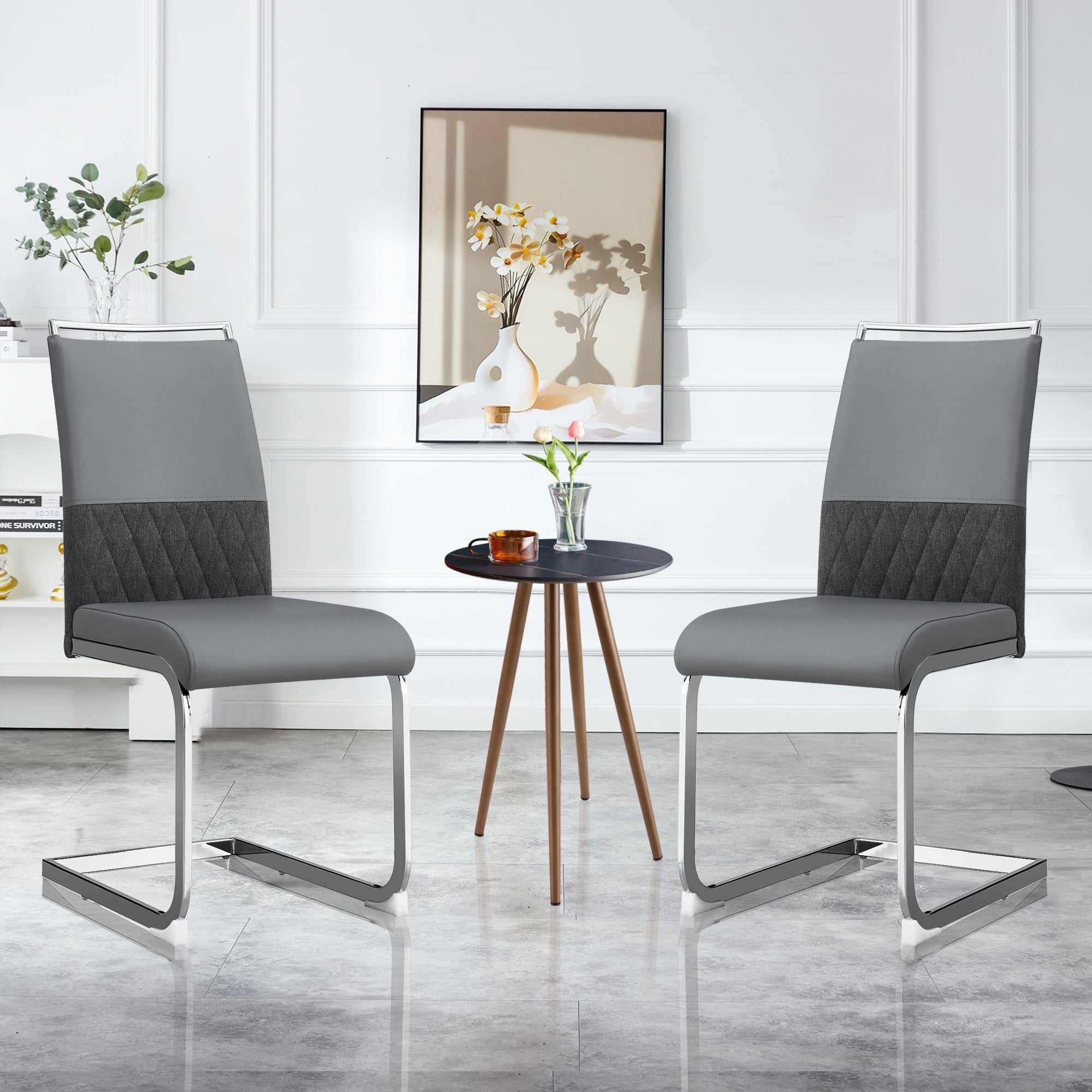 Modern Dining Chairs Set of 2, High Back Upholstered Side Chair with Horizontal Stripe Backrest Design, Grey - Clearance