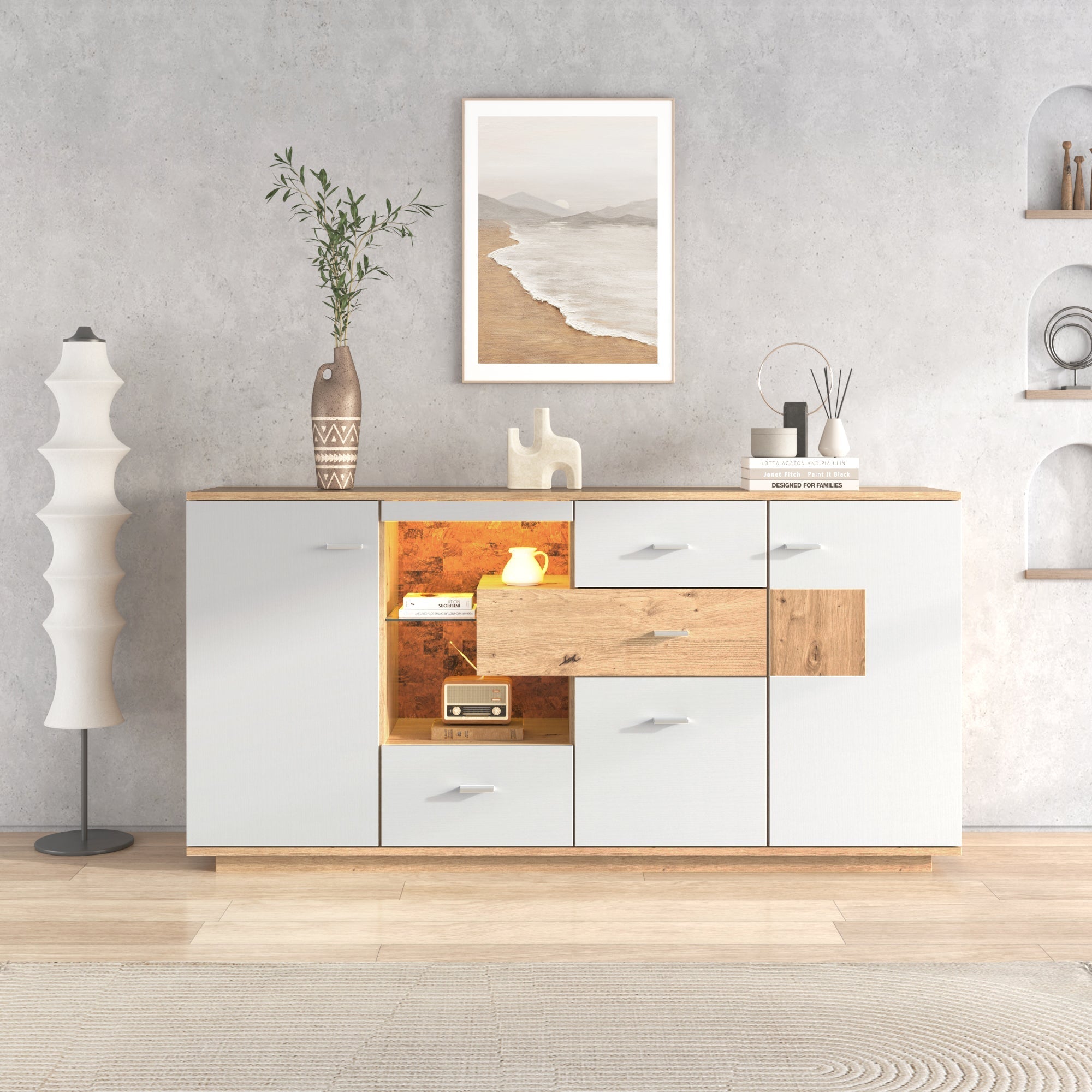 Modern Sideboard Cabinet with LED Lighting and 4 Drawers, White Wood Look