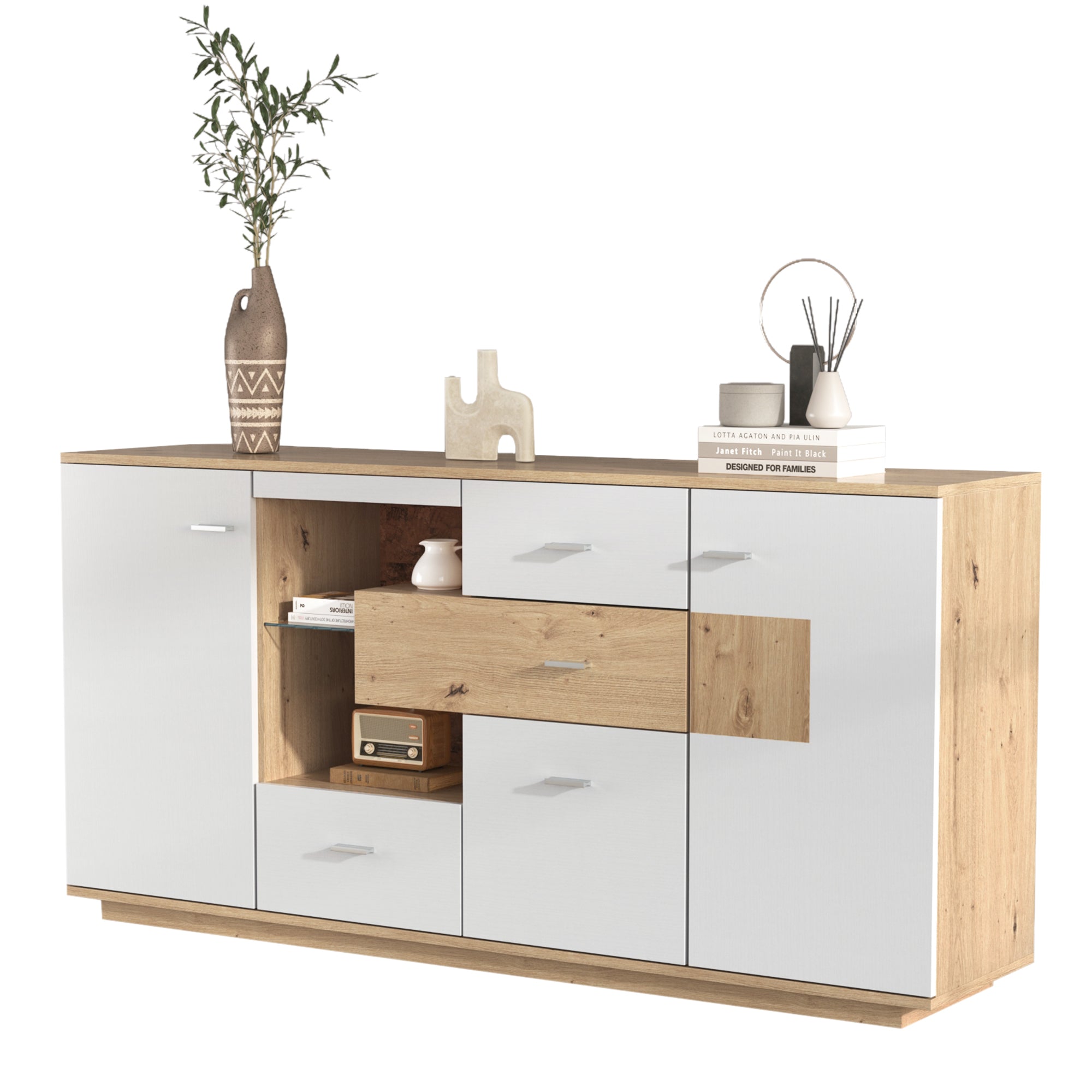 Modern Sideboard Cabinet with LED Lighting and 4 Drawers, White Wood Look