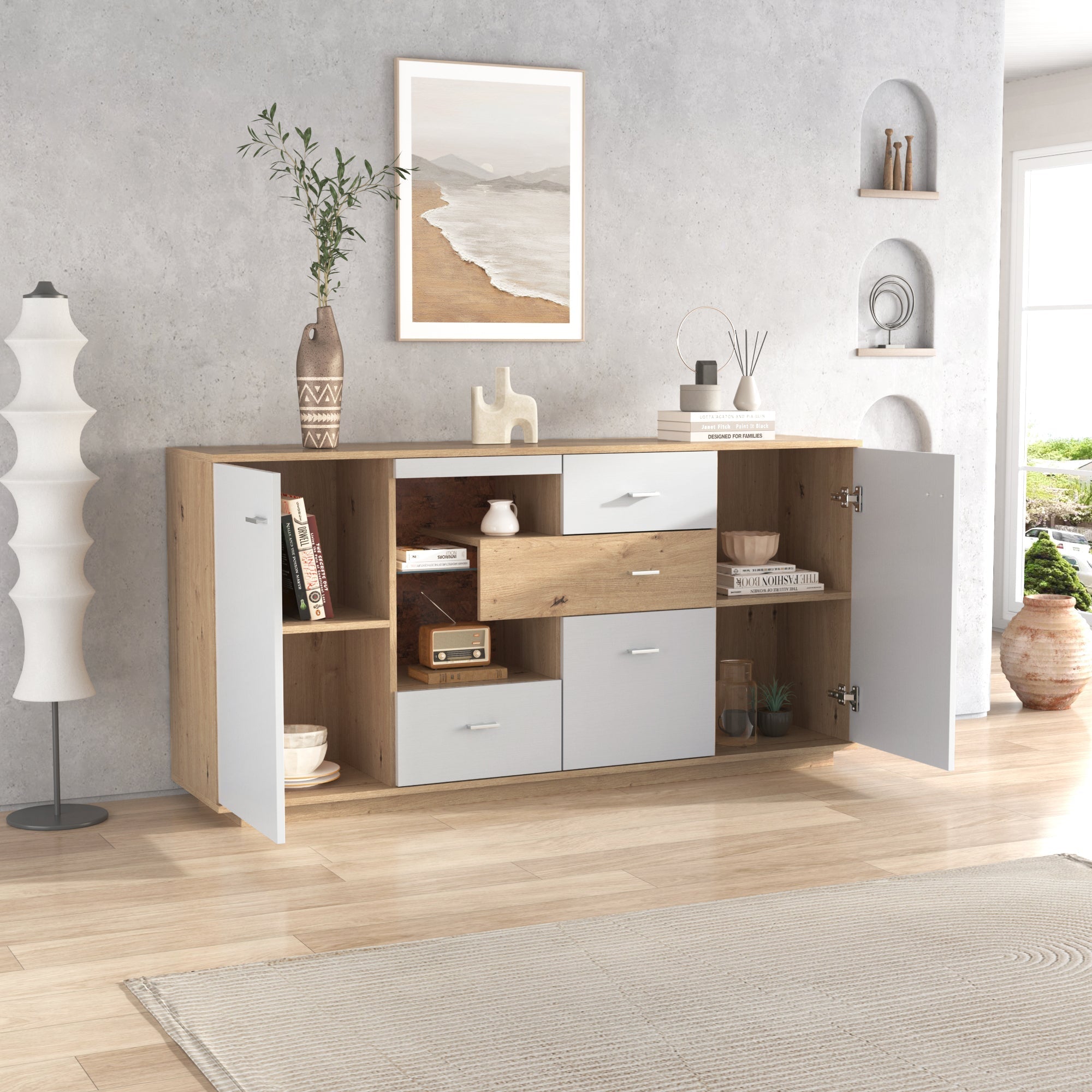 Modern Sideboard Cabinet with LED Lighting and 4 Drawers, White Wood Look