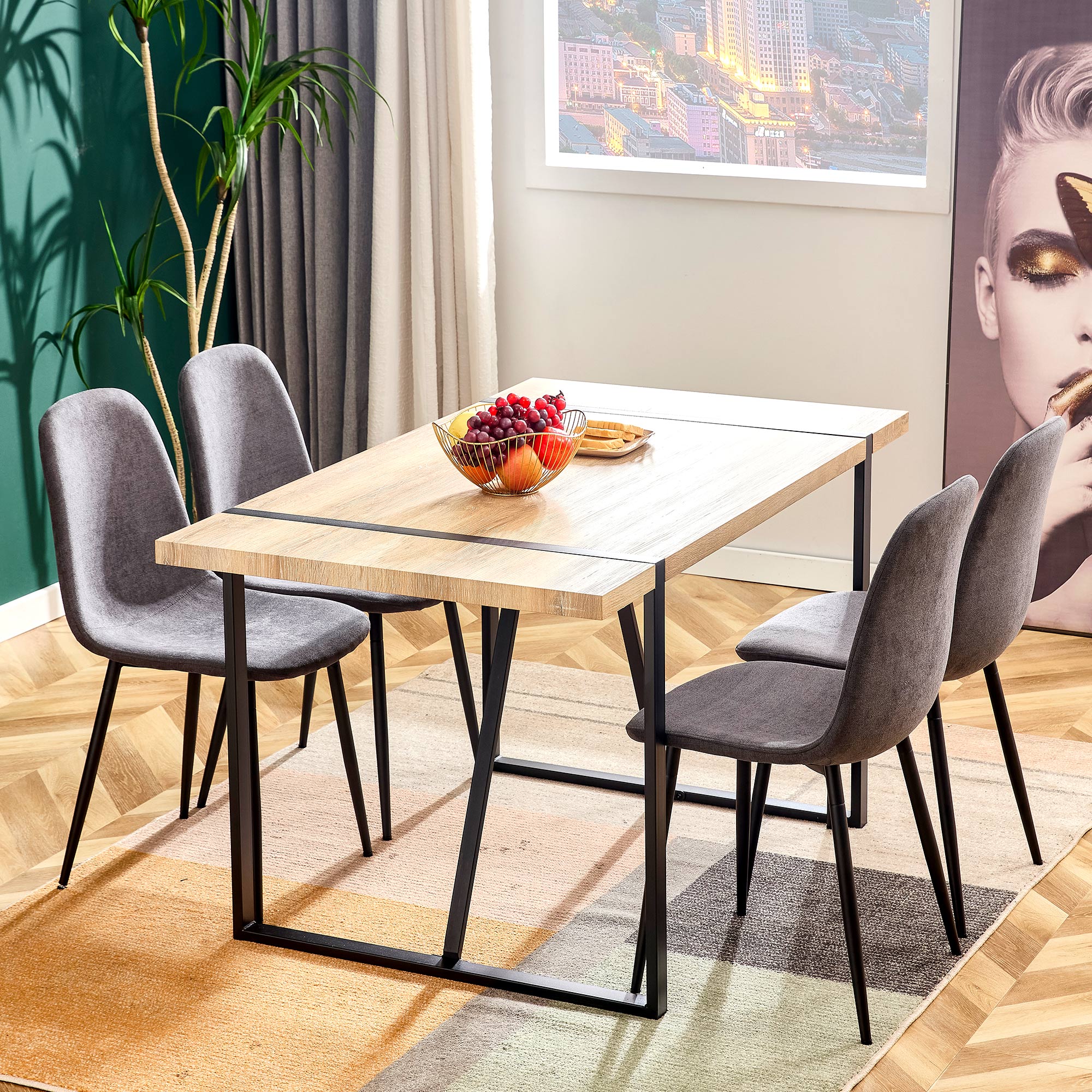 Dining Chair (4 pcs), Scandinavian Vintage with Steel Legs, Black/Grey Suede