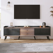 TV Cabinet, Two Drawers Sliding Doors Lowboard, Black and Natural Wood