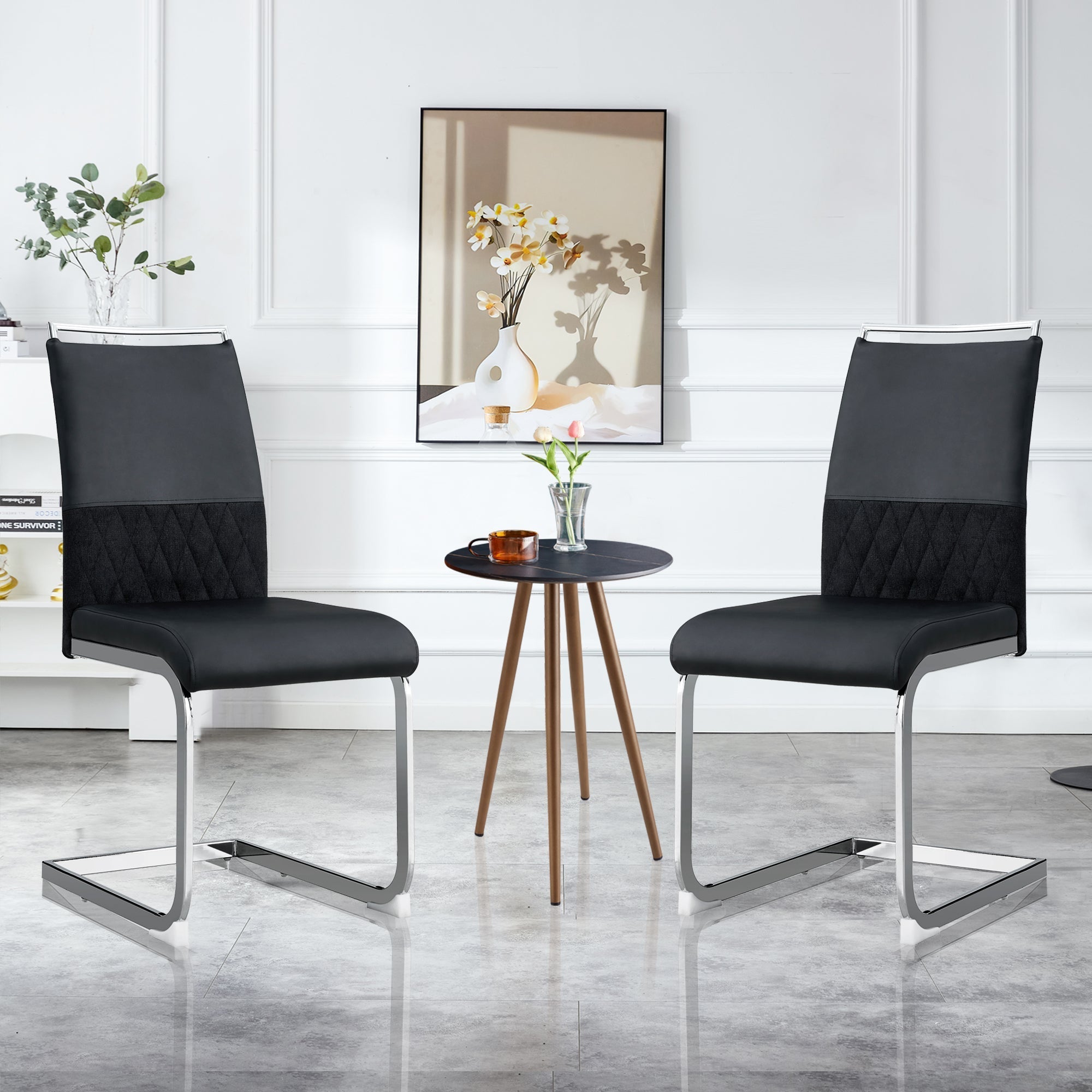 Modern Dining Chairs Set of 2 High-Backed Upholstered Side Chairs with Stripe Backrest PU Leather Linen Black