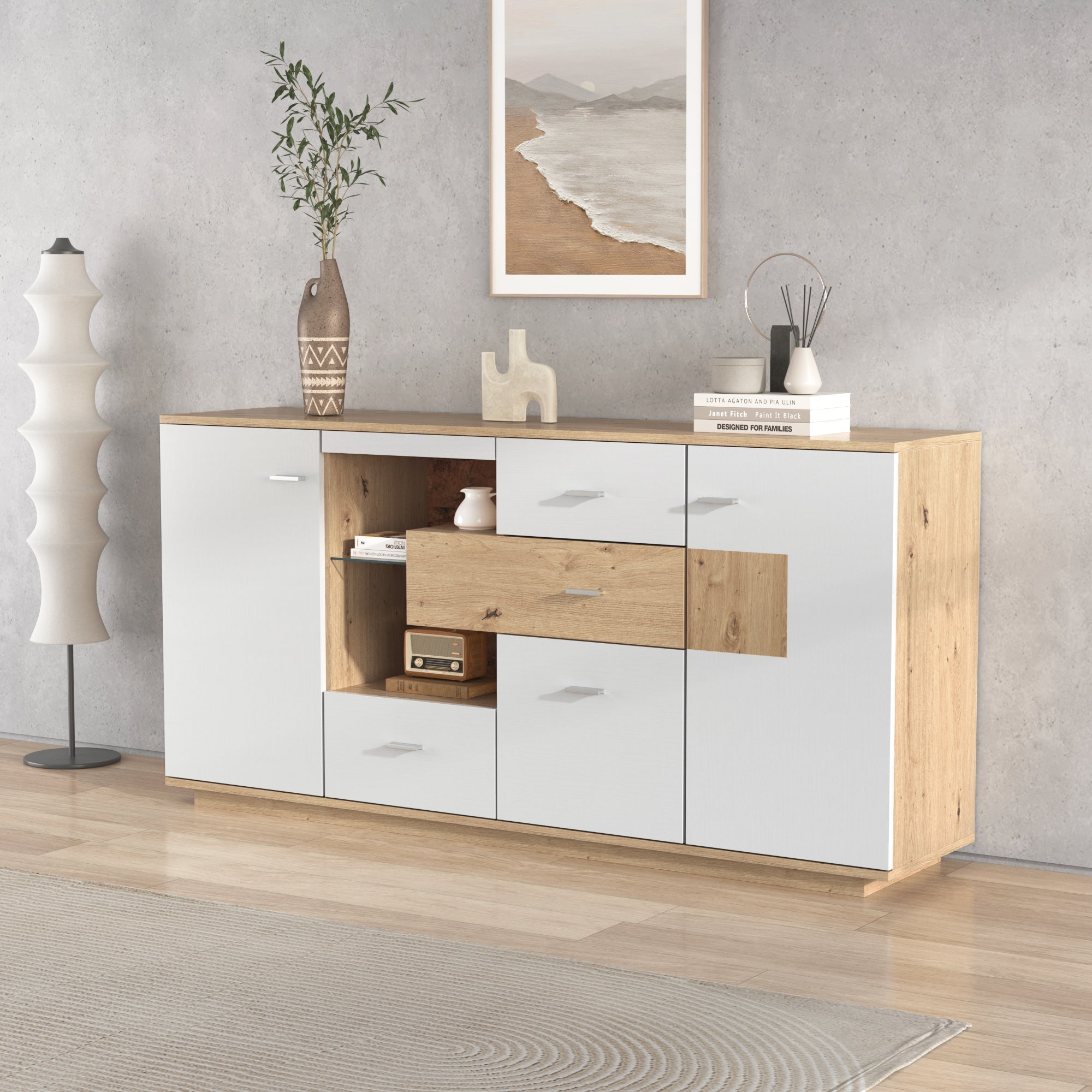 Modern Sideboard Cabinet with LED Lighting and 4 Drawers, White Wood Look