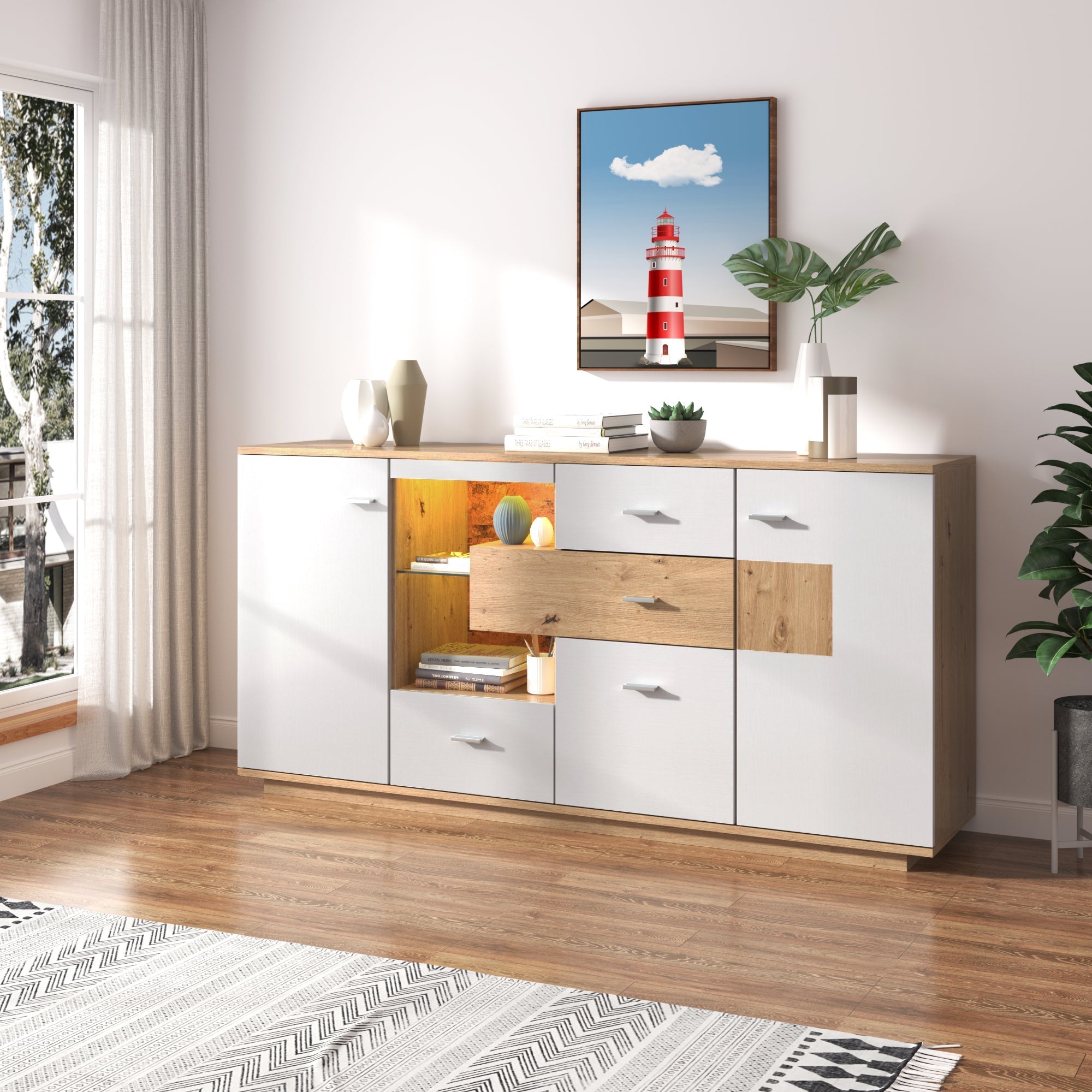 Modern Sideboard Cabinet with LED Lighting and 4 Drawers, White Wood Look