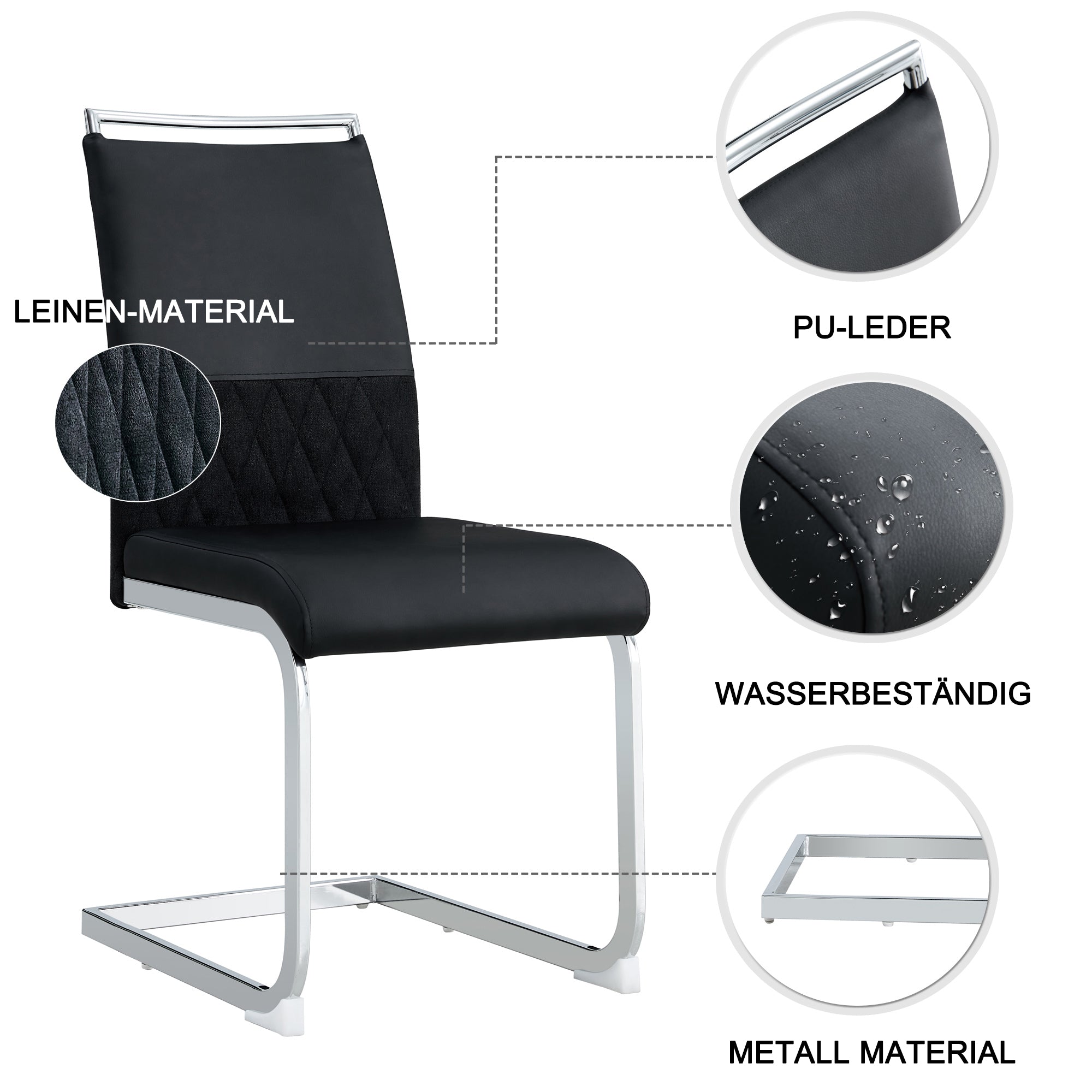 Modern Dining Chairs Set of 2 High-Backed Upholstered Side Chairs with Stripe Backrest PU Leather Linen Black