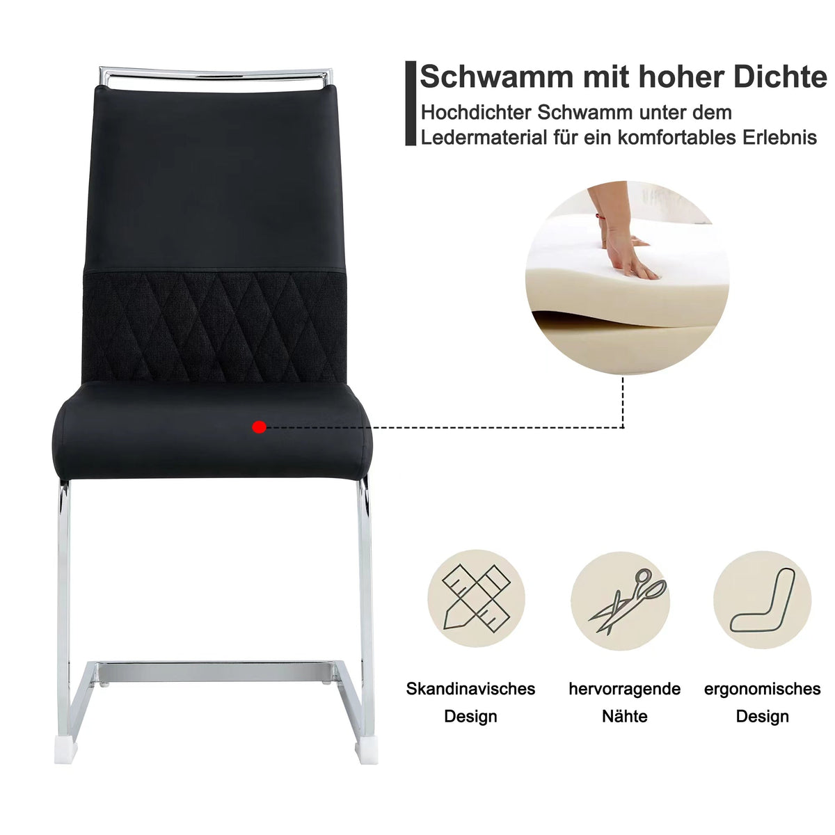 Modern Dining Chairs Set of 2 High-Backed Upholstered Side Chairs with Stripe Backrest PU Leather Linen Black