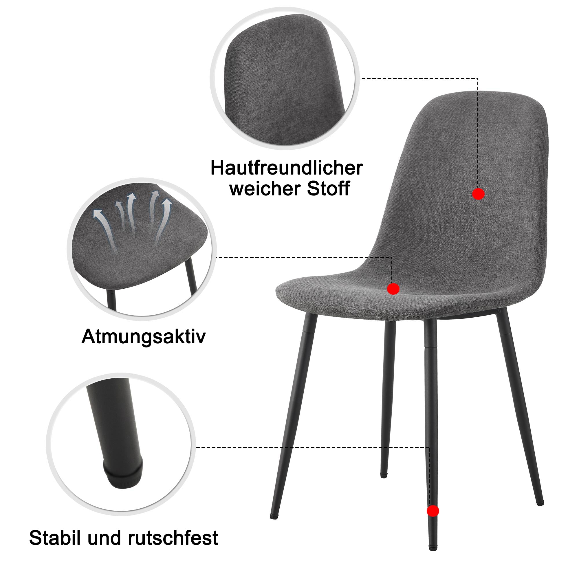 Dining Chair (4 pcs), Scandinavian Vintage with Steel Legs, Black/Grey Suede
