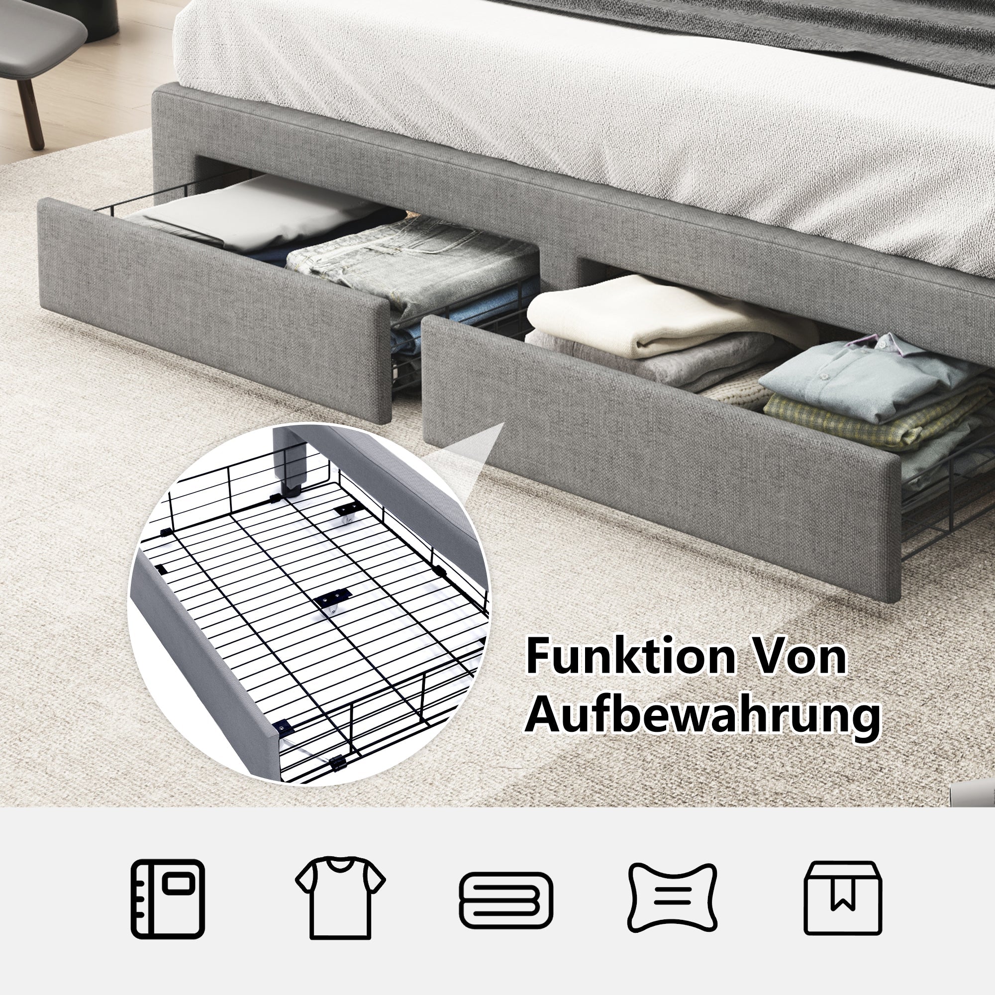 Upholstered Bed 180x200cm with 2 Drawers, LED & Slatted Base - Linen Grey