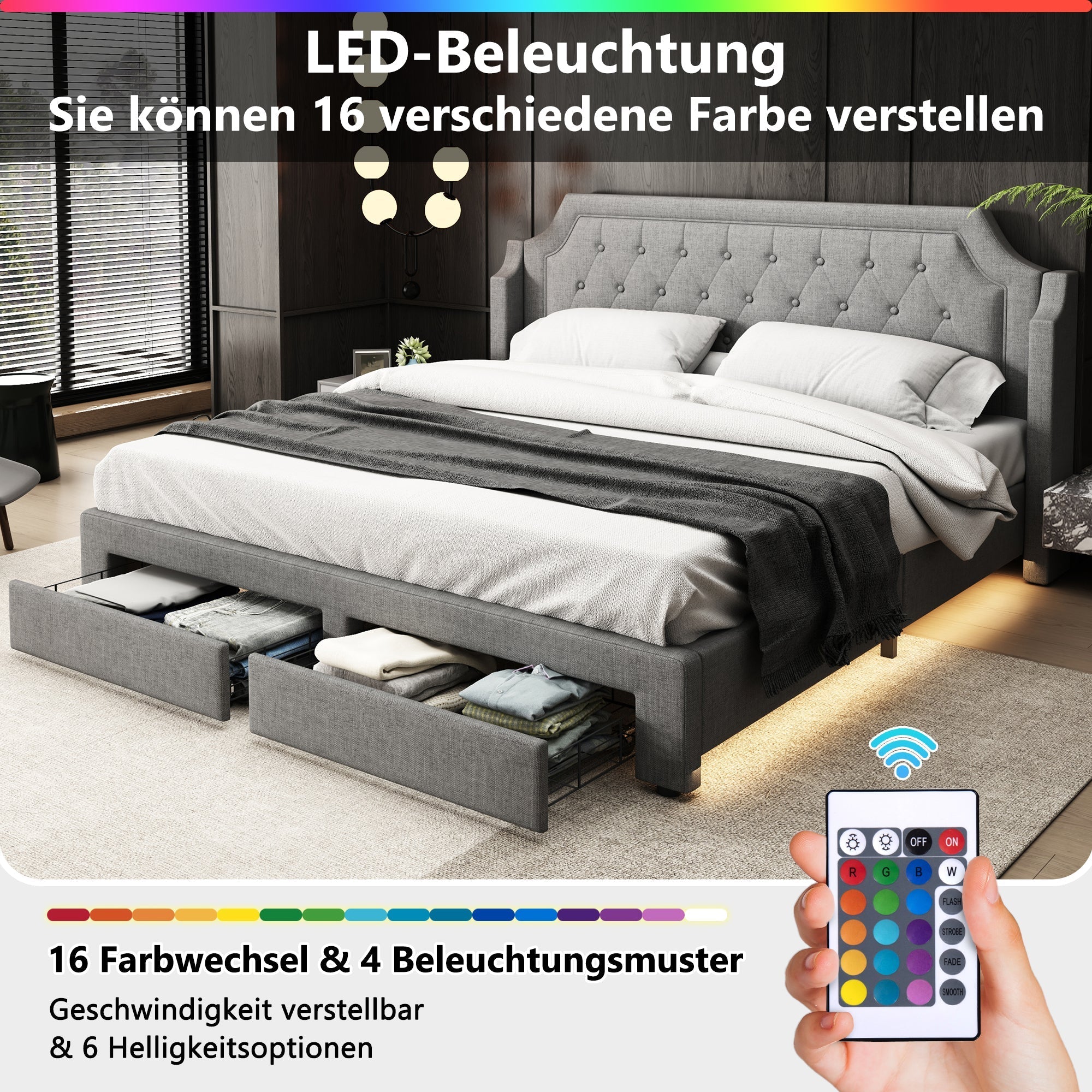 Upholstered Bed 180x200cm with 2 Drawers, LED & Slatted Base - Linen Grey