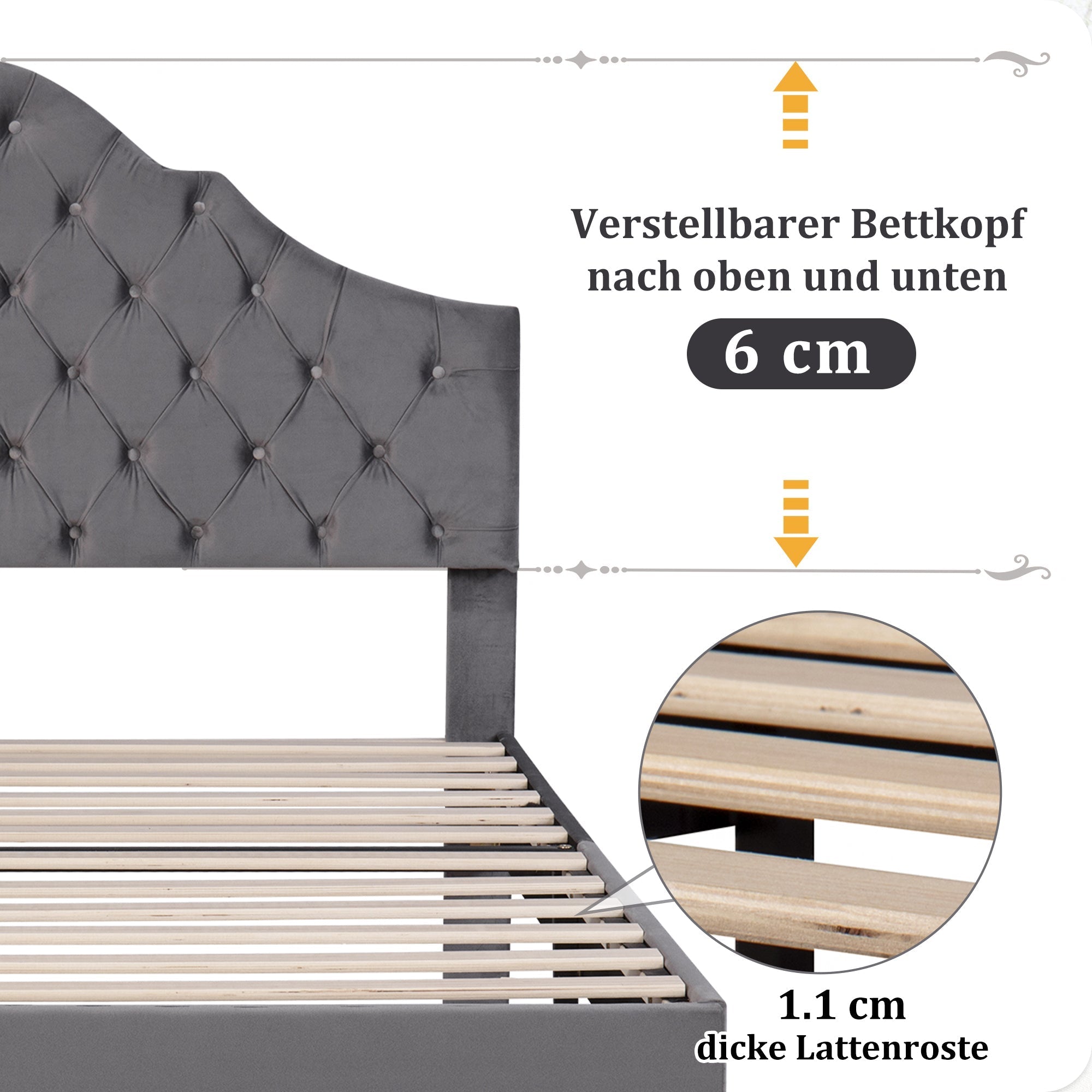 Upholstered Bed 90x200cm Adjustable Headboard Slatted Base - Velvet Grey
