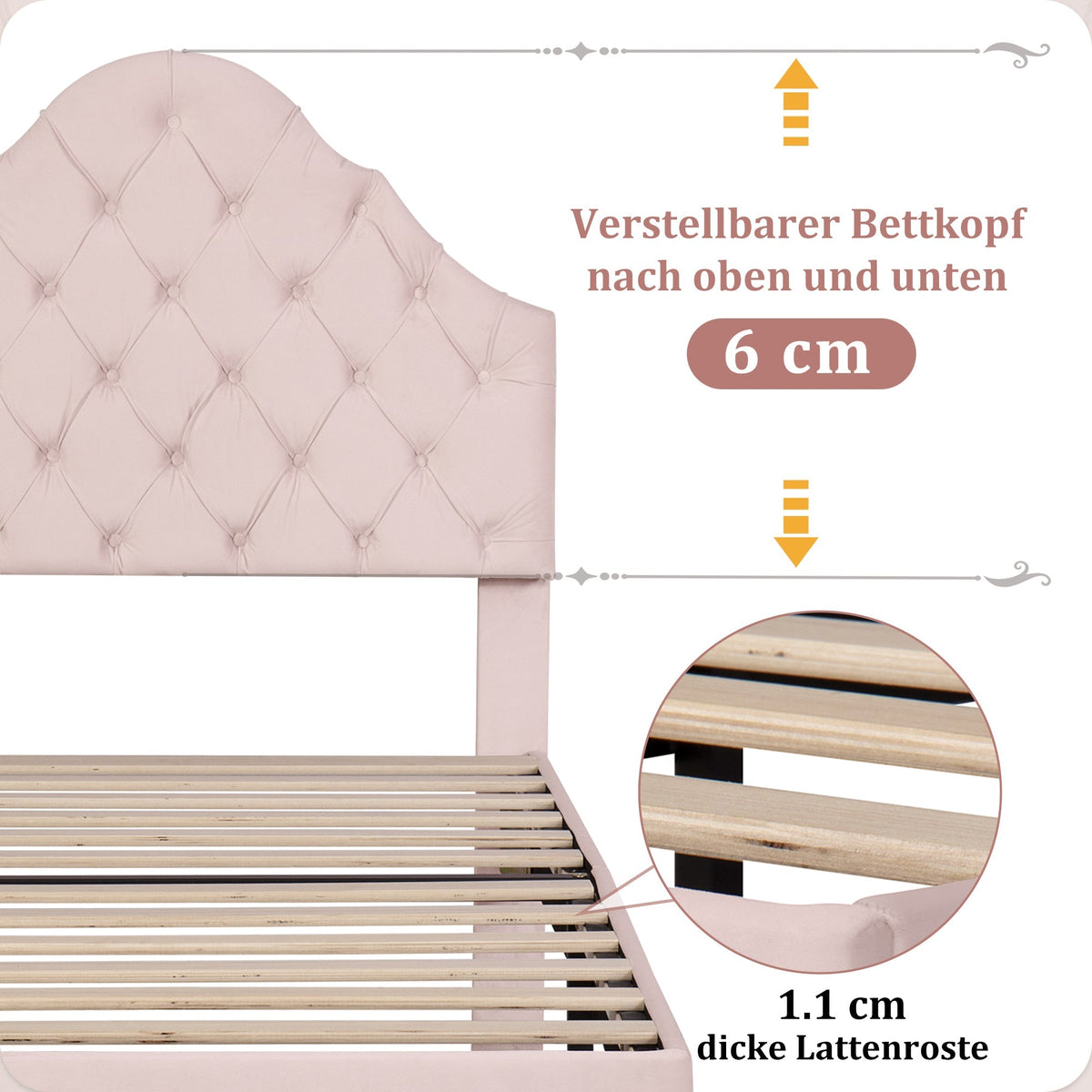 Upholstered Single Bed 90x200 Height-Adjustable Headboard Slatted Base Velvet Pink