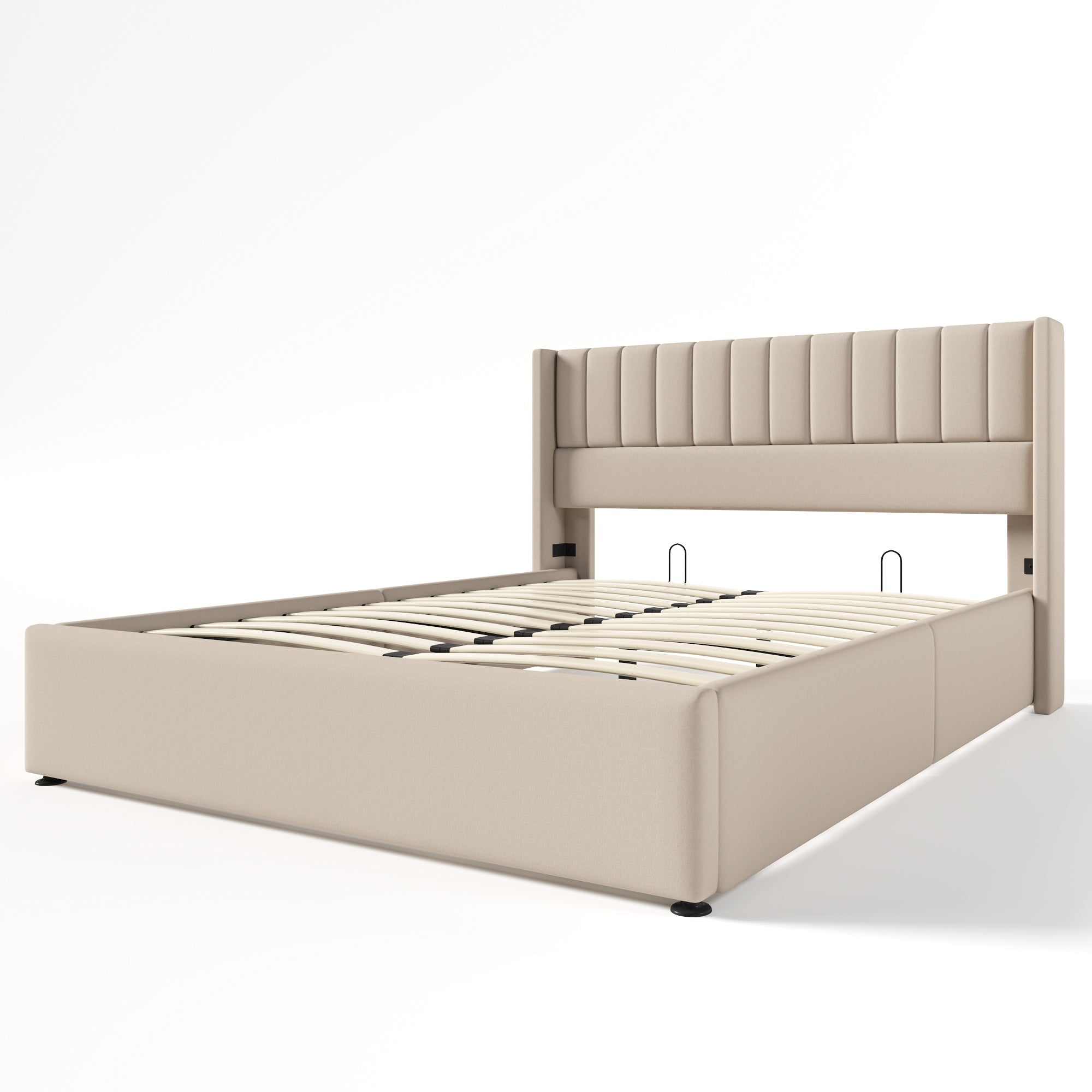 Storage Bed, Upholstered Hydraulic Double Bed 140x200cm, Linen Beige