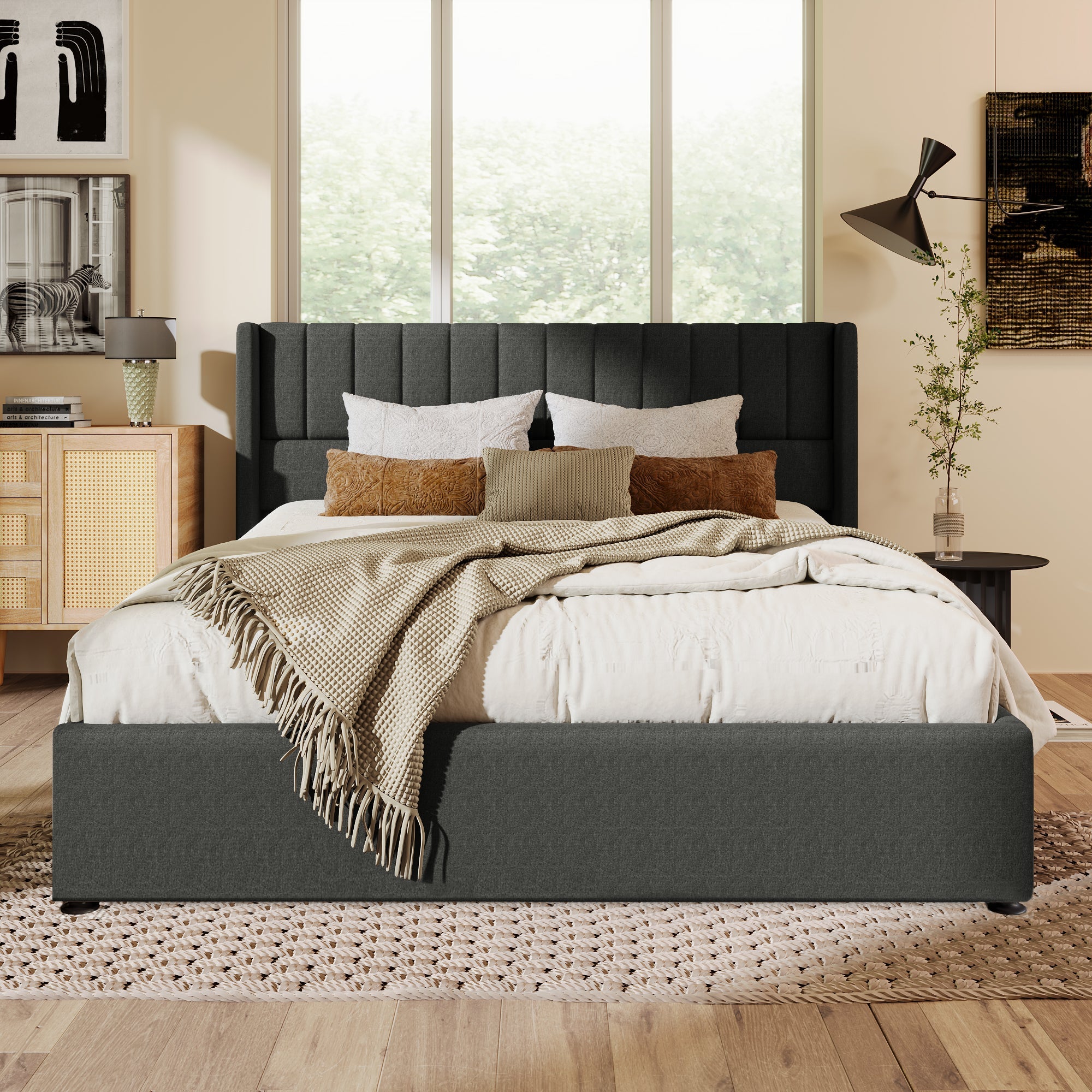 Storage Bed, Hydraulic Double 140x200cm, Upholstered Linen Grey