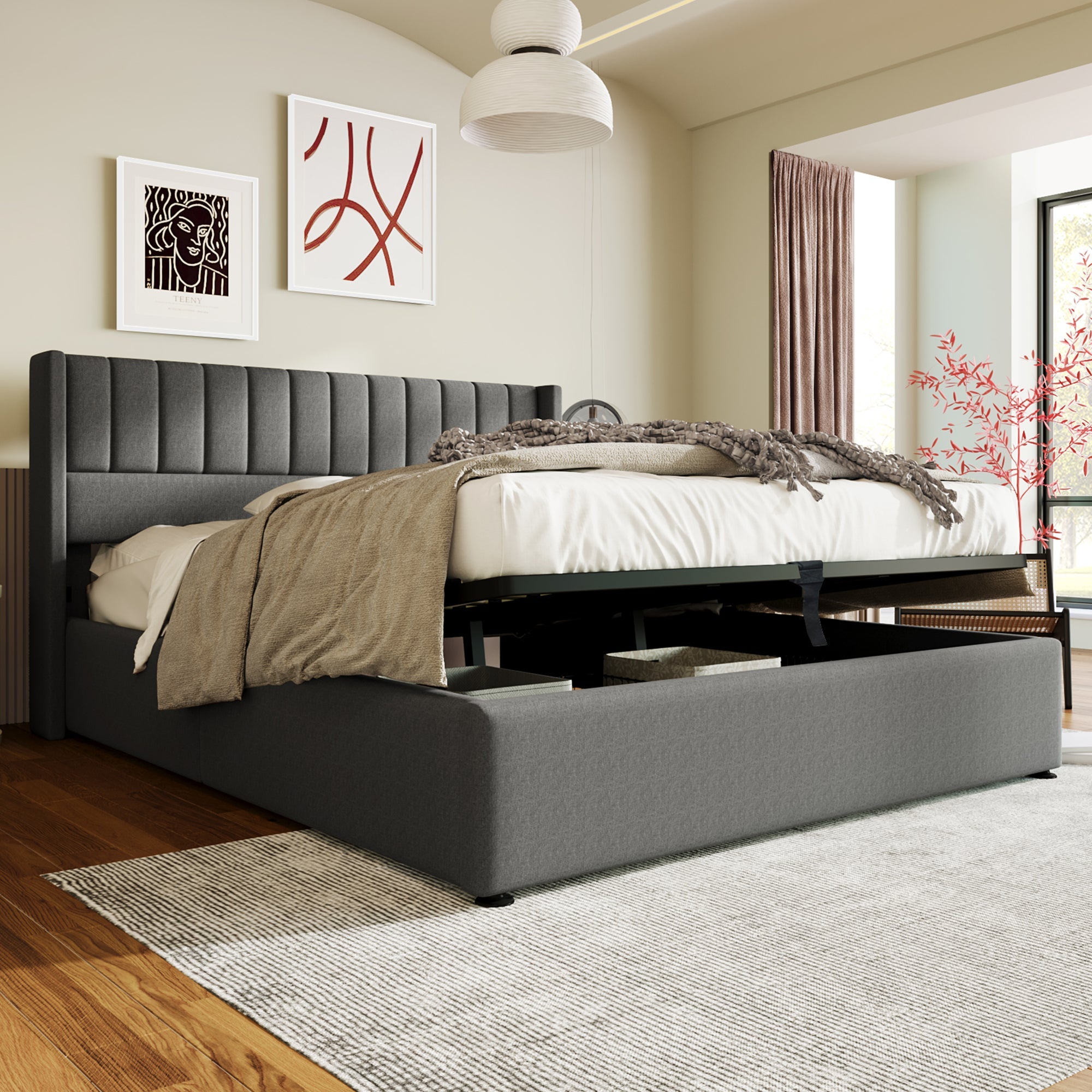 Storage Bed, Hydraulic Double 140x200cm, Upholstered Linen Grey