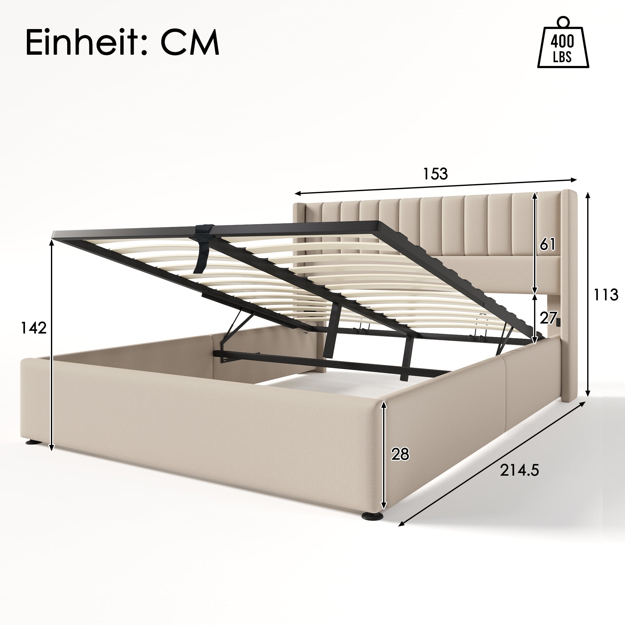 Upholstered Storage Bed, Hydraulic Double 140x200cm with Mattress, Linen Beige