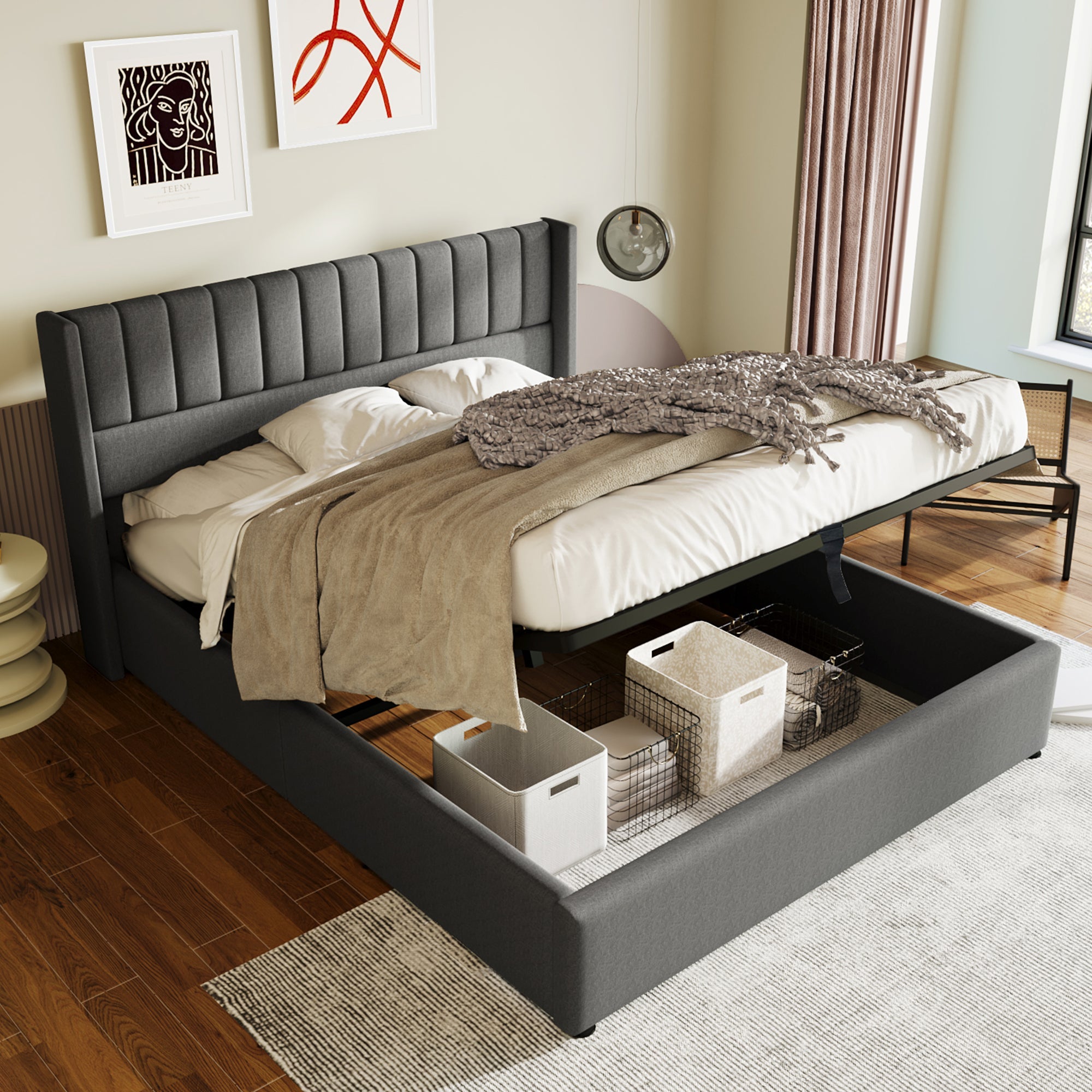 Storage Bed, Hydraulic Double Bed 160x200cm, Linen Grey