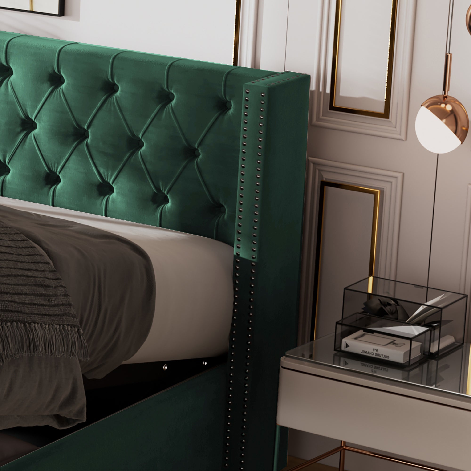 Upholstered Bed, 135x190cm, Hydraulic Lift Storage, Velvet Green