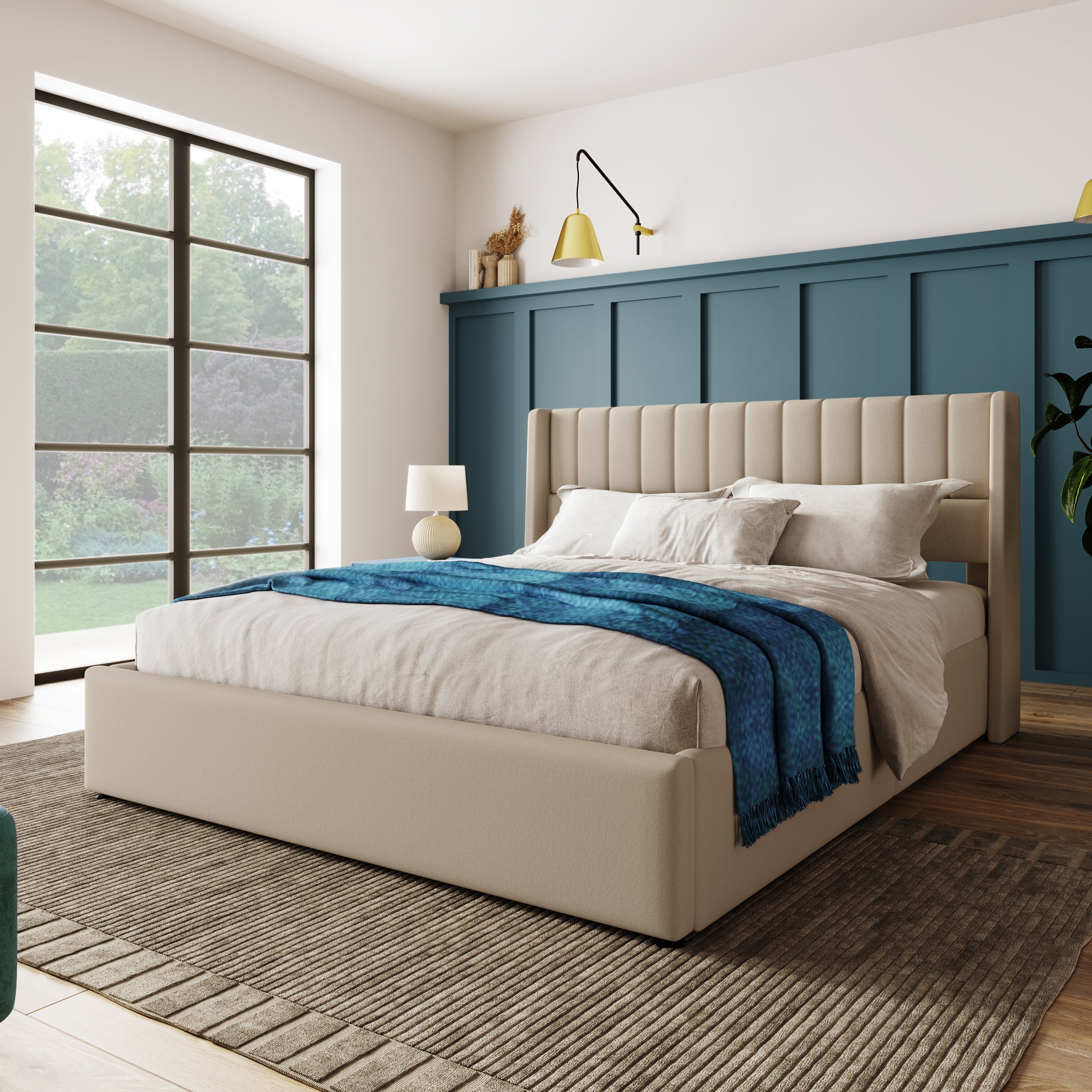 Storage Bed, Hydraulic Double 160x200cm, Wooden Slatted, Beige Linen