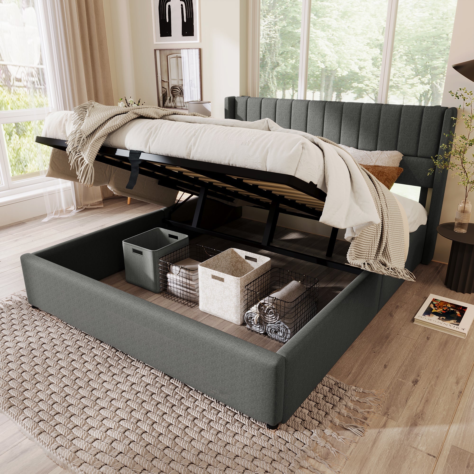 Storage Bed, Hydraulic Double 160x200cm Wooden & Metal Slatted Frame, Linen Grey