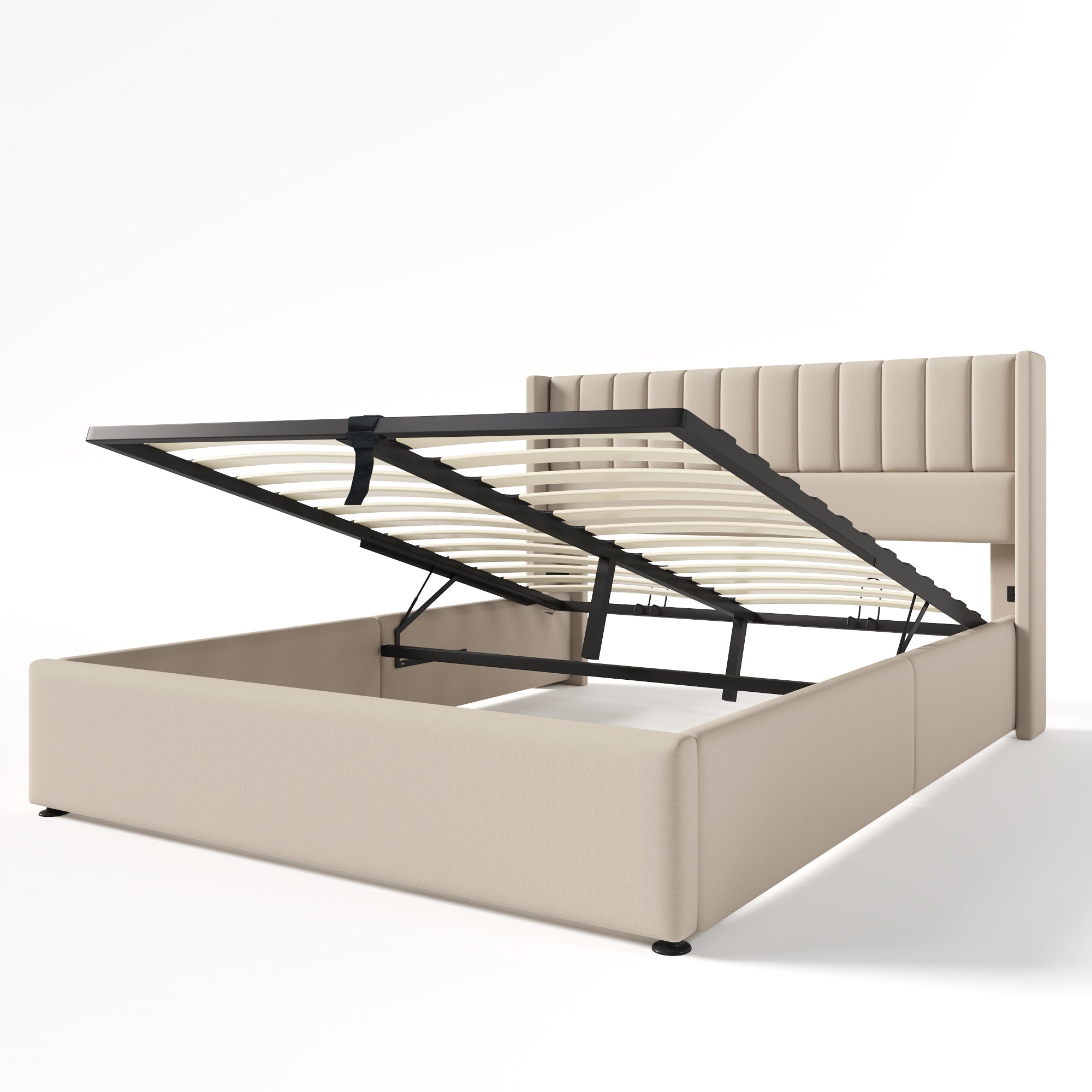 Storage Bed, Upholstered Hydraulic Double 160x200cm, Linen Beige