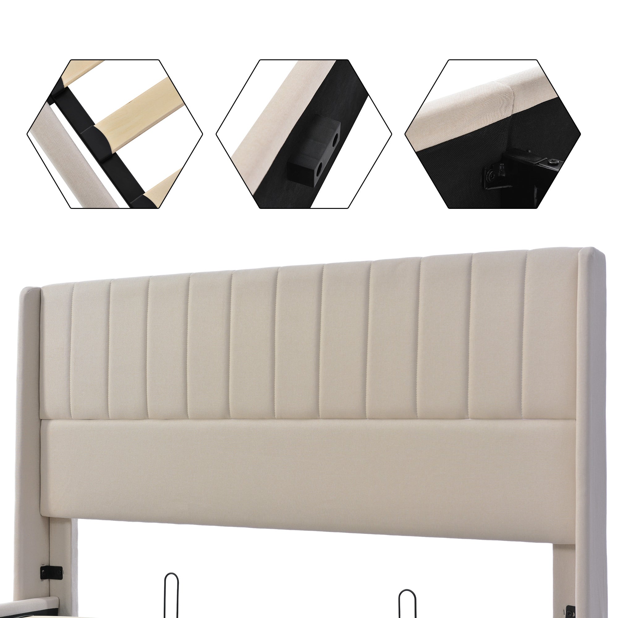Upholstered Hydraulic Storage Bed, 180x200cm, Beige Linen