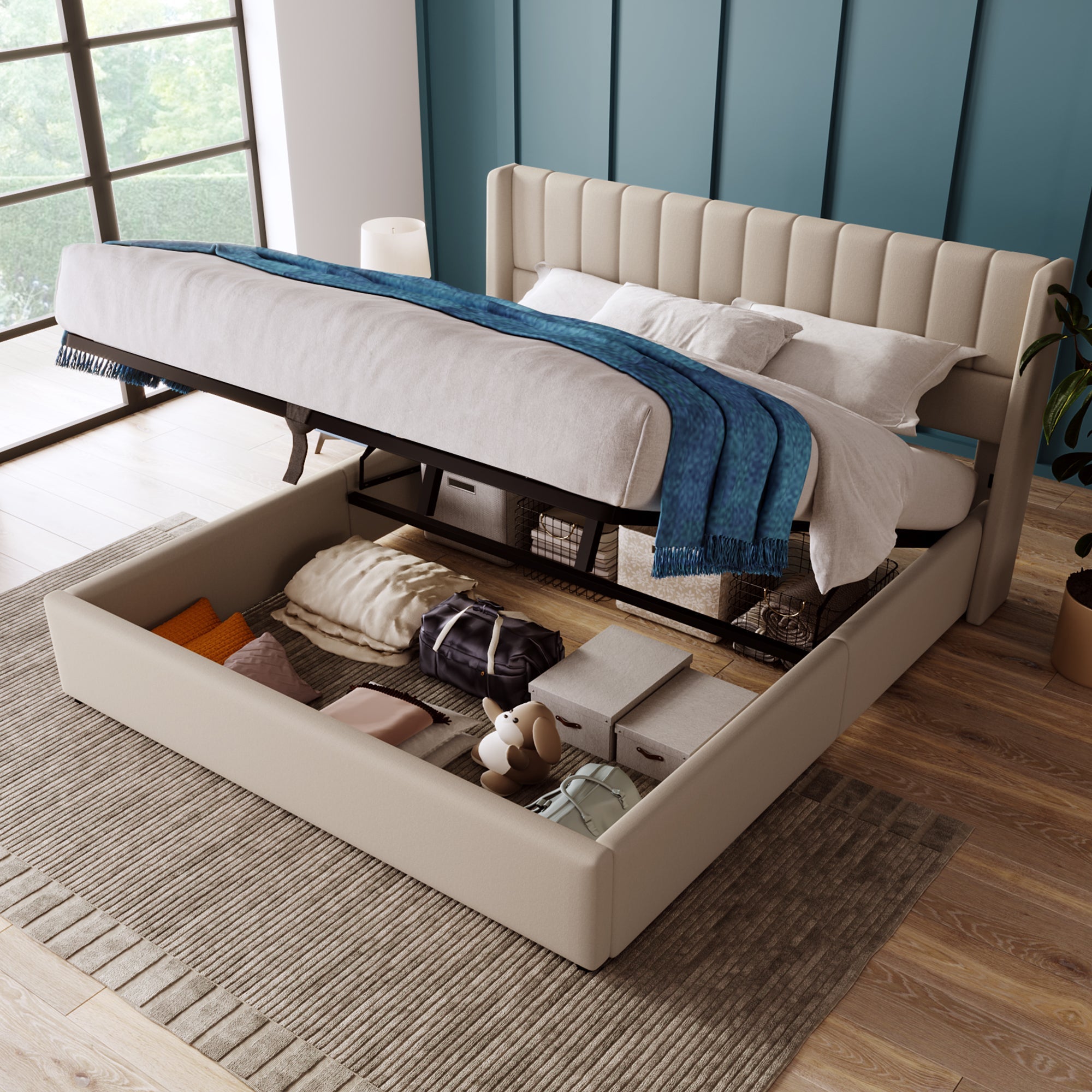 Storage Bed, Hydraulic Double 160x200cm, Wooden Slatted, Beige Linen