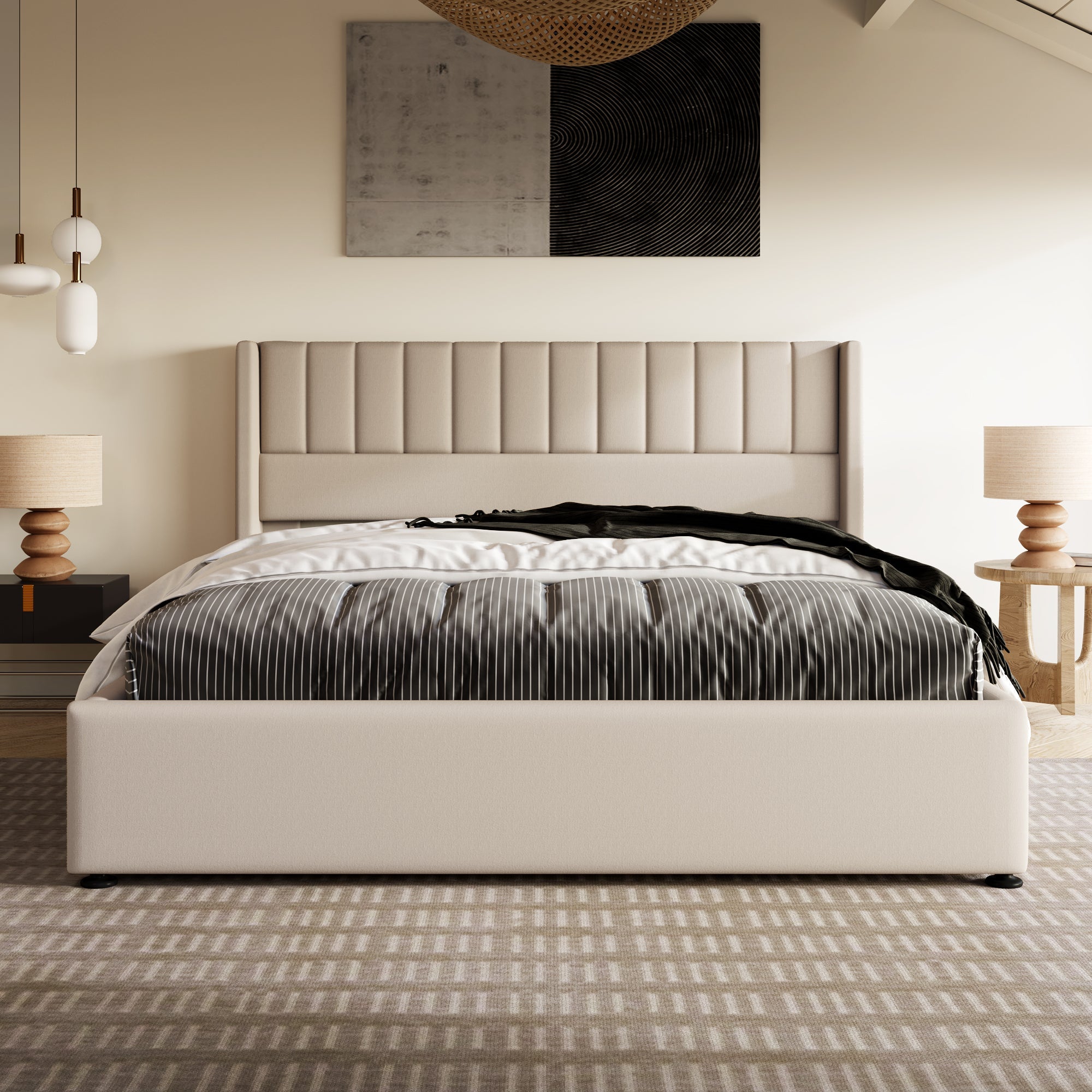 Upholstered Hydraulic Storage Bed, 180x200cm, Beige Linen