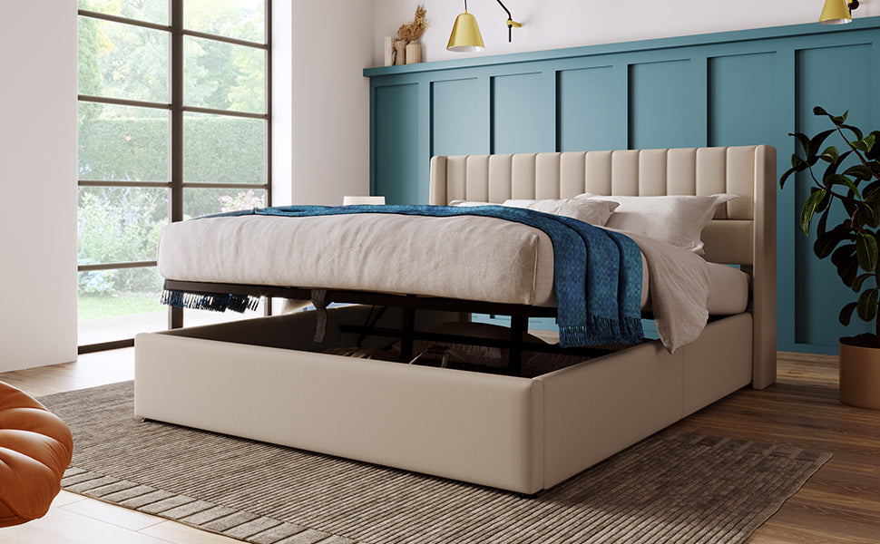 Upholstered Storage Bed, Hydraulic Double 140x200cm with Mattress, Linen Beige