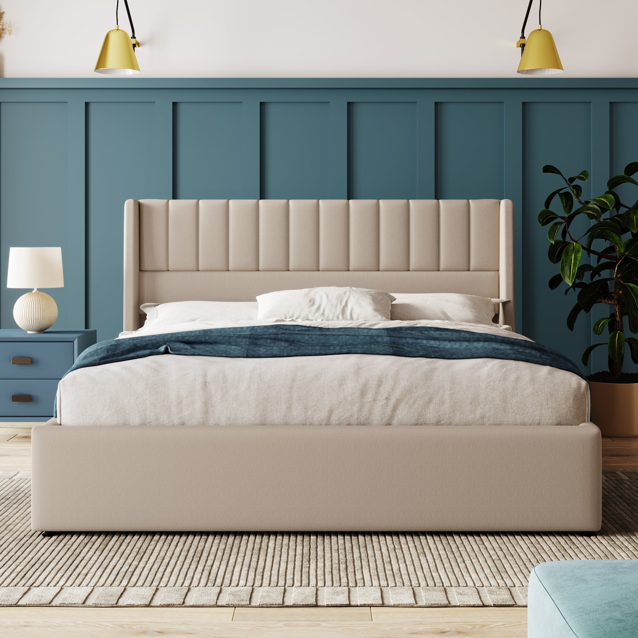 Storage Bed, Hydraulic Double 160x200cm, Wooden Slatted, Beige Linen