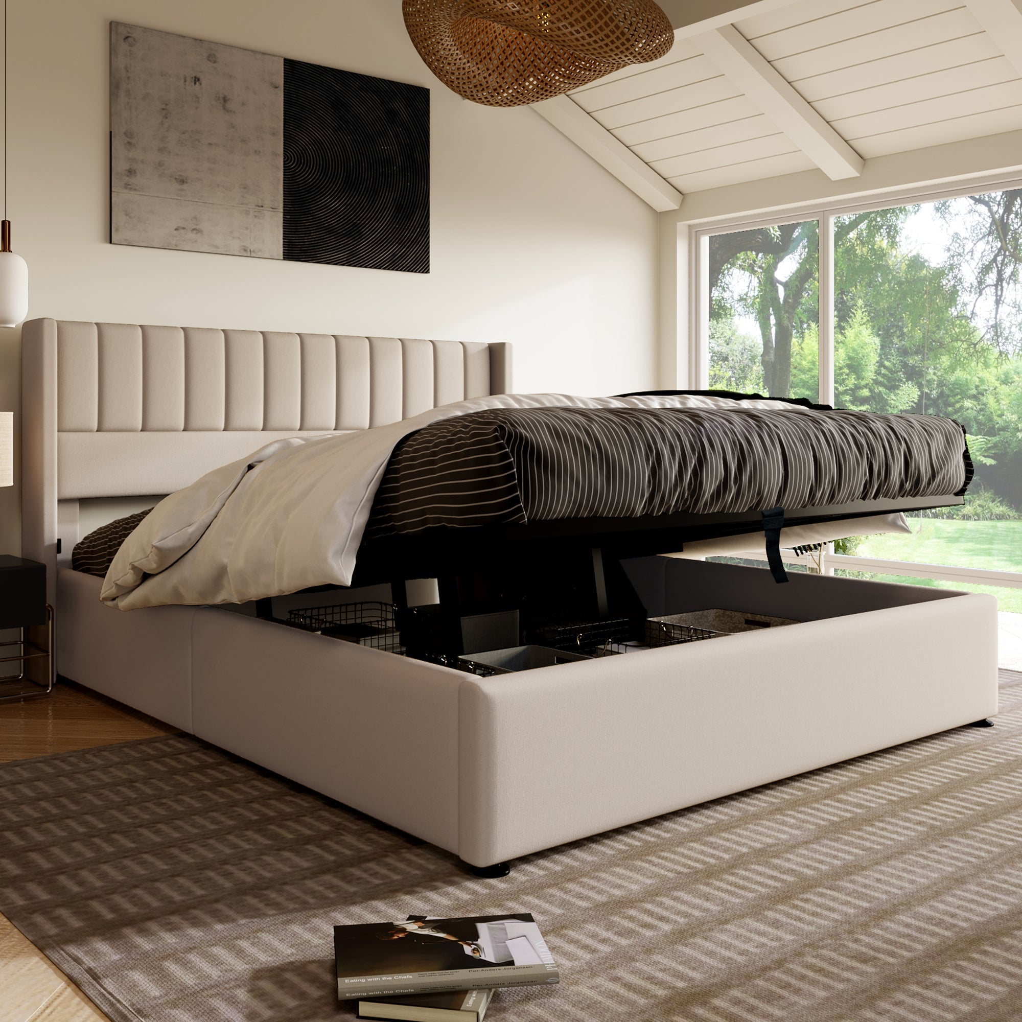Storage Bed, Upholstered Hydraulic Double 160x200cm, Linen Beige