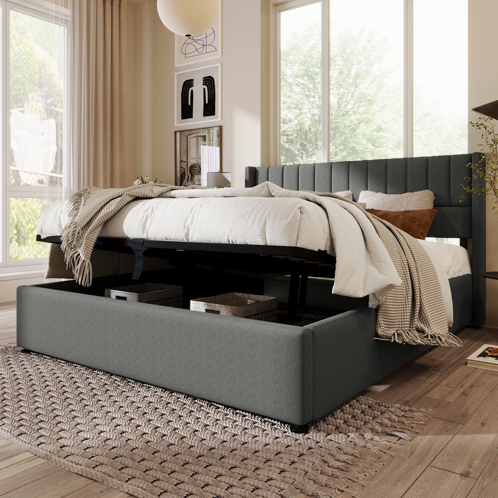 Storage Bed, Hydraulic Double 140x200cm, Upholstered Linen Grey