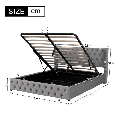 Upholstered Bed, Hydraulic Lift, Storage, 150x200 cm, Grey Velvet