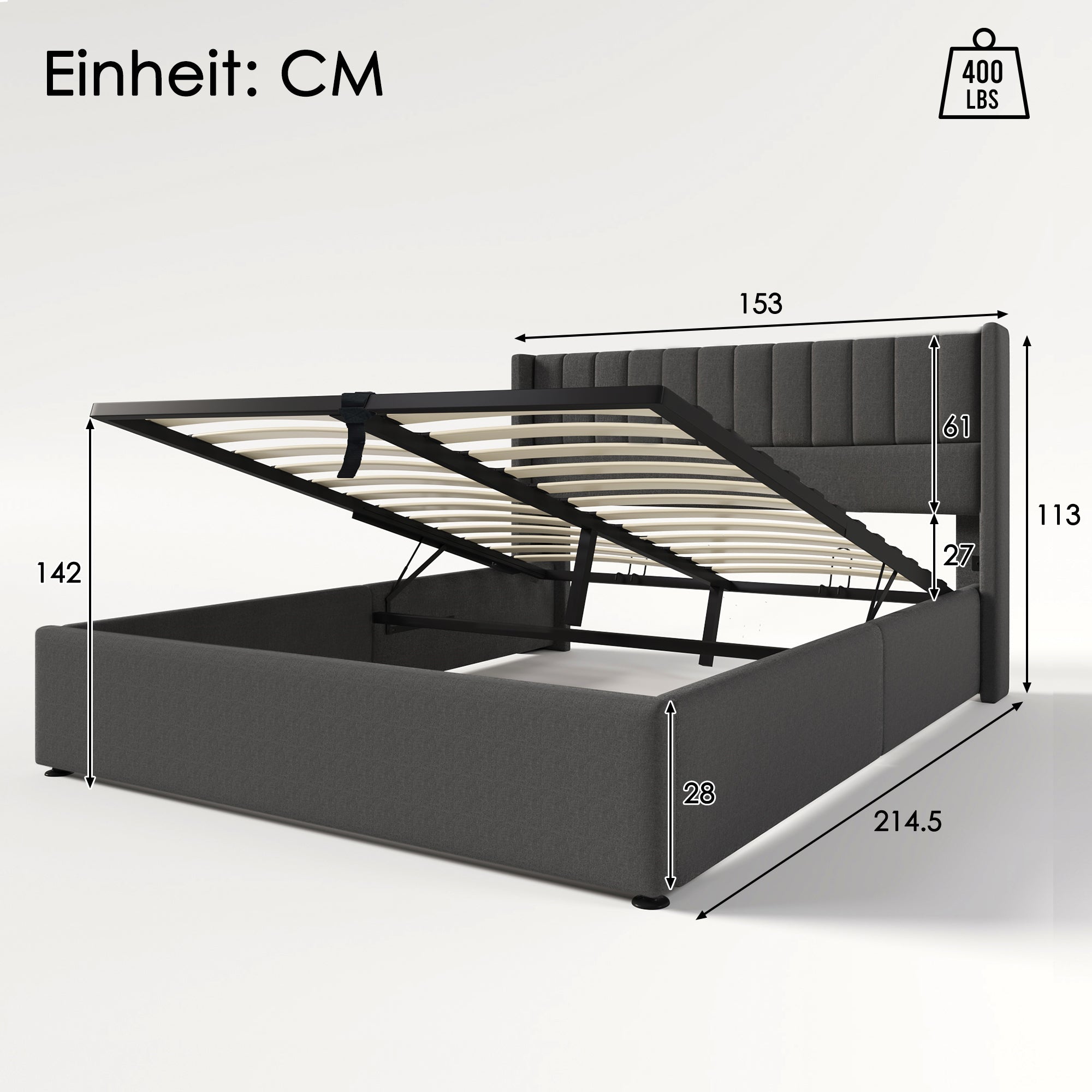 Storage Bed, Hydraulic Double 140x200cm with Wooden & Metal Slats, Linen Grey