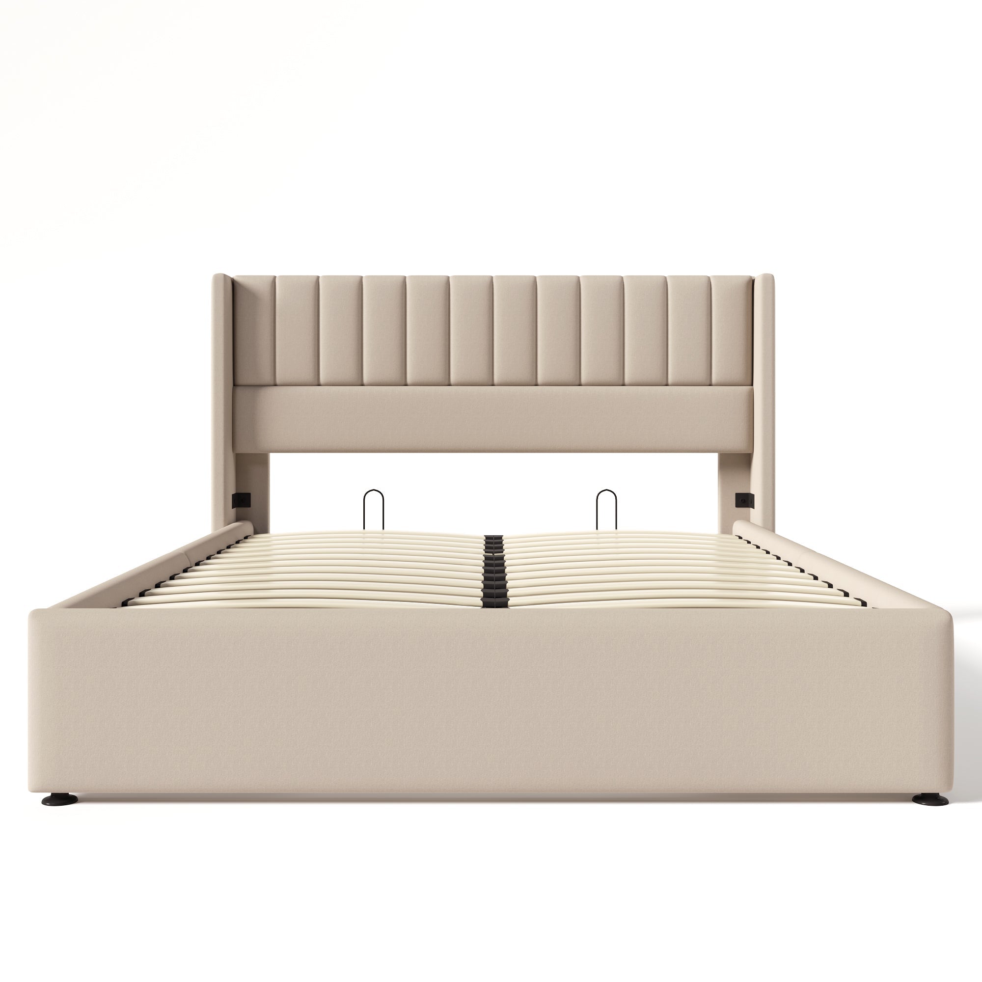 Storage Bed, Upholstered Hydraulic Double Bed 140x200cm, Linen Beige