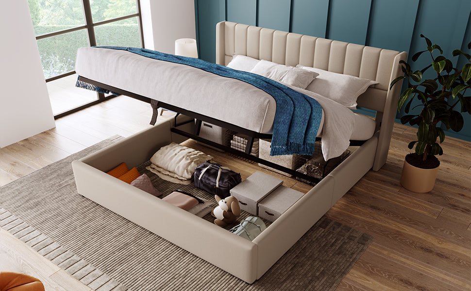 Storage Bed, Hydraulic Double 160x200cm, Wooden Slatted, Beige Linen