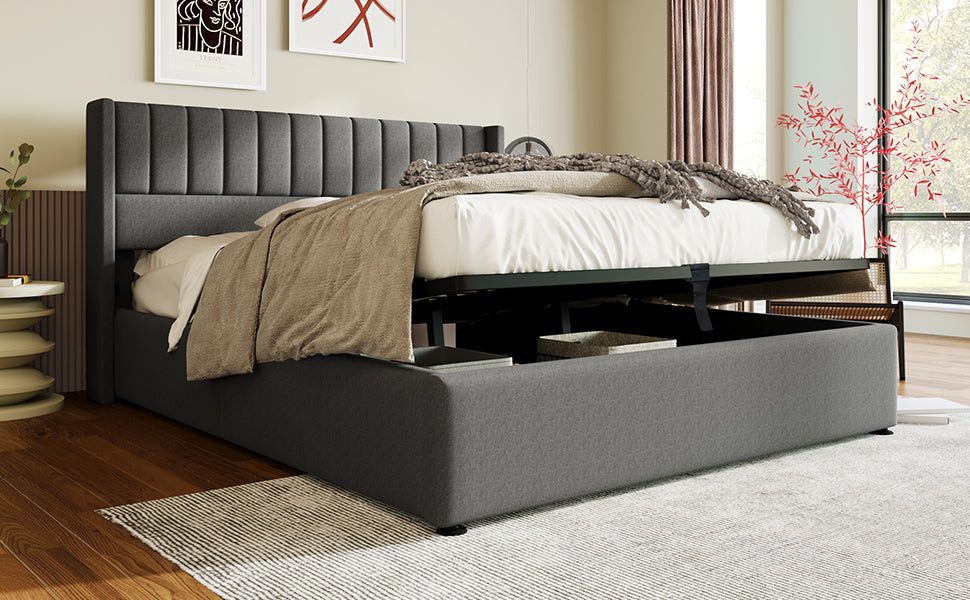 Storage Bed, Hydraulic Double 180x200cm, Linen Grey