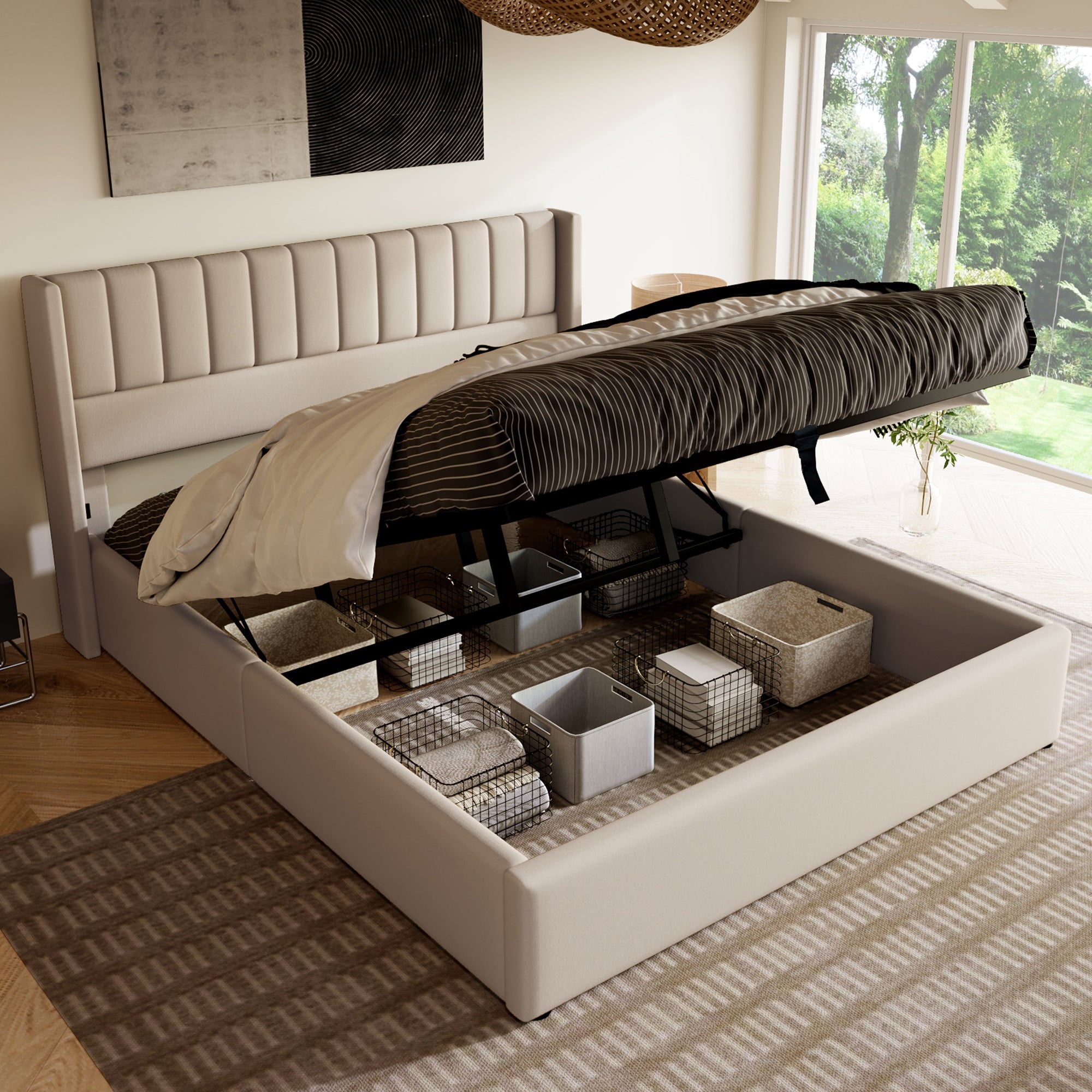 Upholstered Hydraulic Storage Bed, 180x200cm, Beige Linen