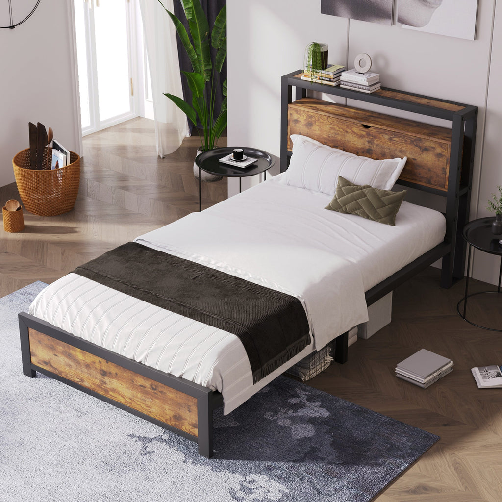 Wooden bed frame with white bedding in a bedroom setting