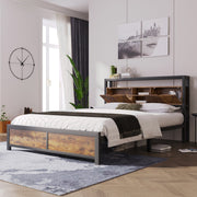 Metal Bed, Double 140 x 200 cm, Storage Headboard, Metal Slatted Frame
