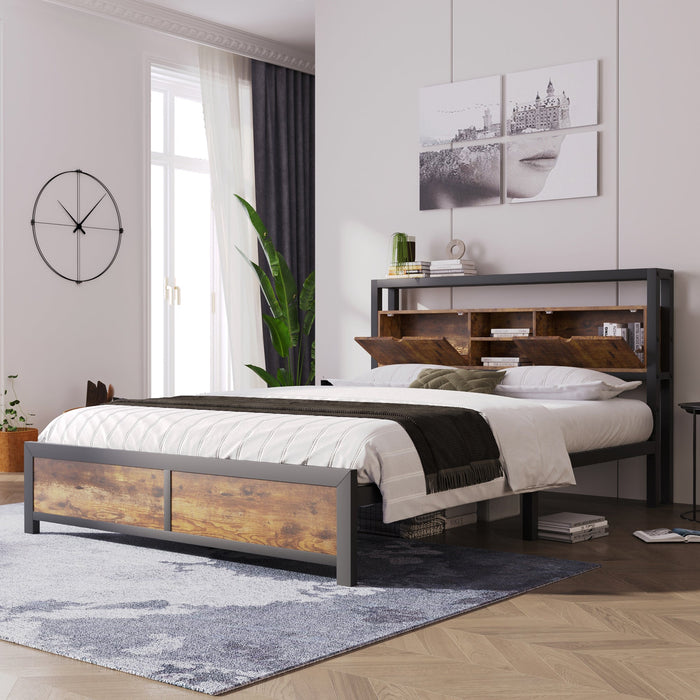 Metal Bed, Double 140 x 200 cm, Storage Headboard, Metal Slatted Frame