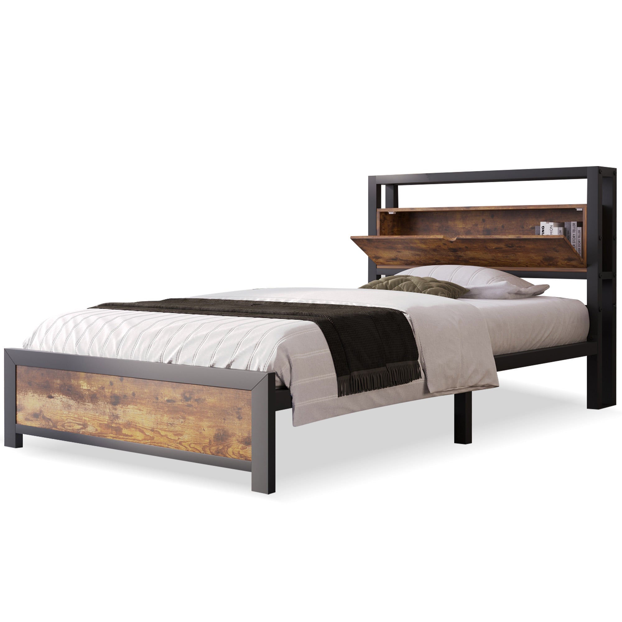 Metal Bed Single 90 x 200 cm with Storage Headboard, Black Steel