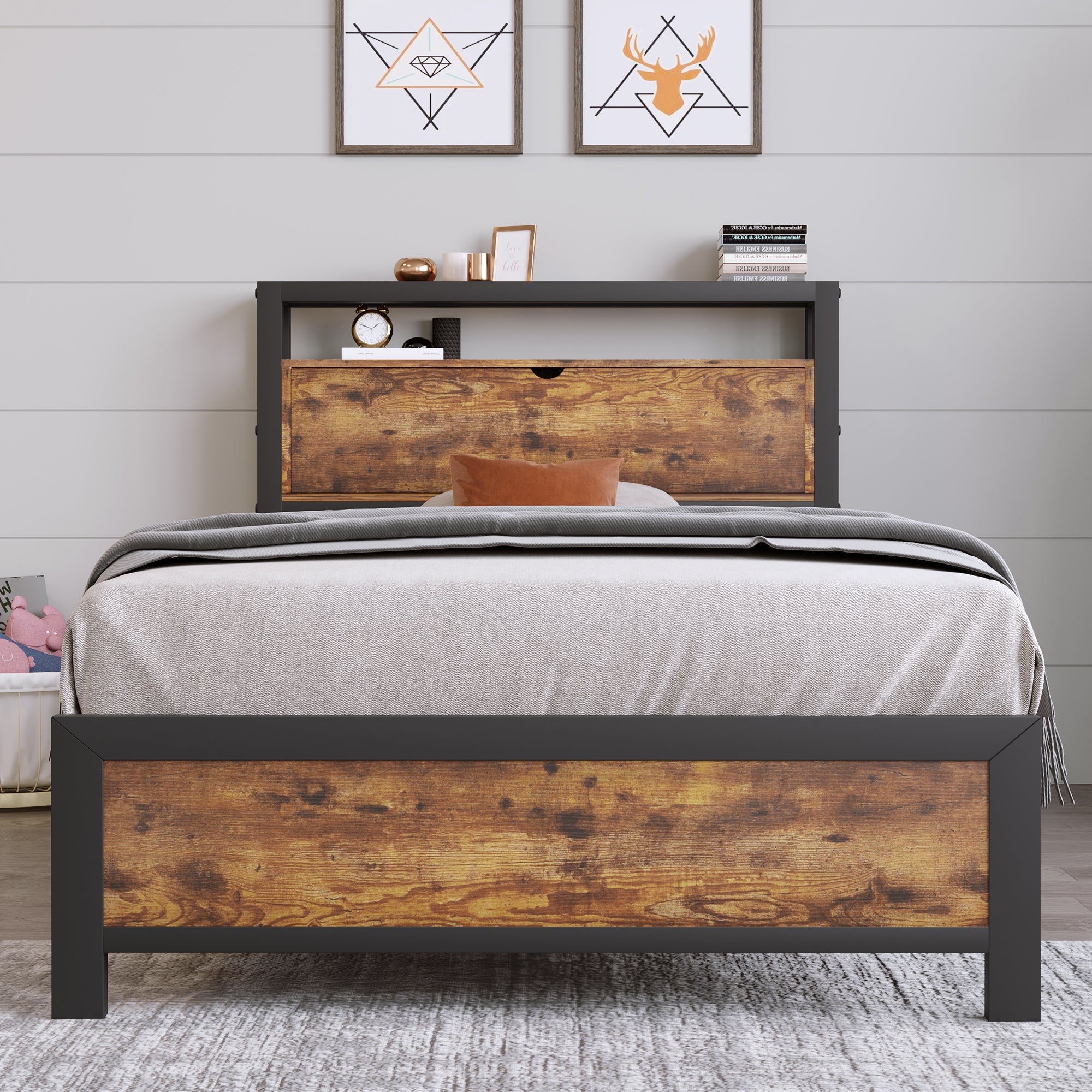 Metal Bed Single 90 x 200 cm with Storage Headboard, Black Steel