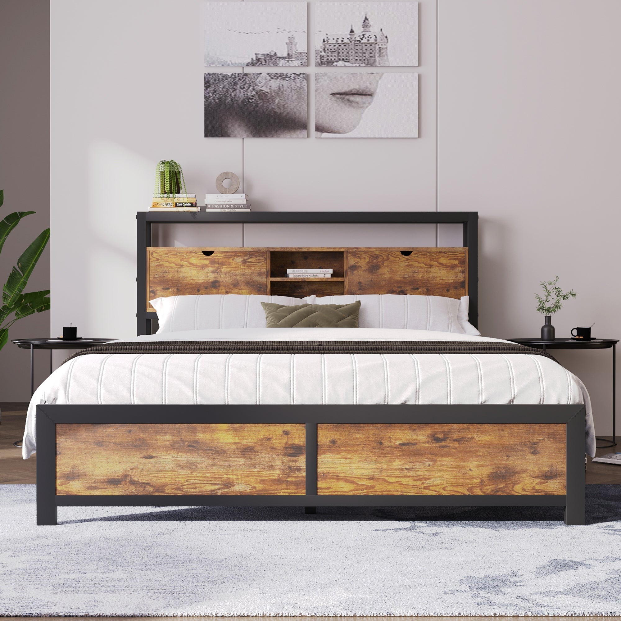 Metal Bed, Double 140 x 200 cm, Storage Headboard, Metal Slatted Frame