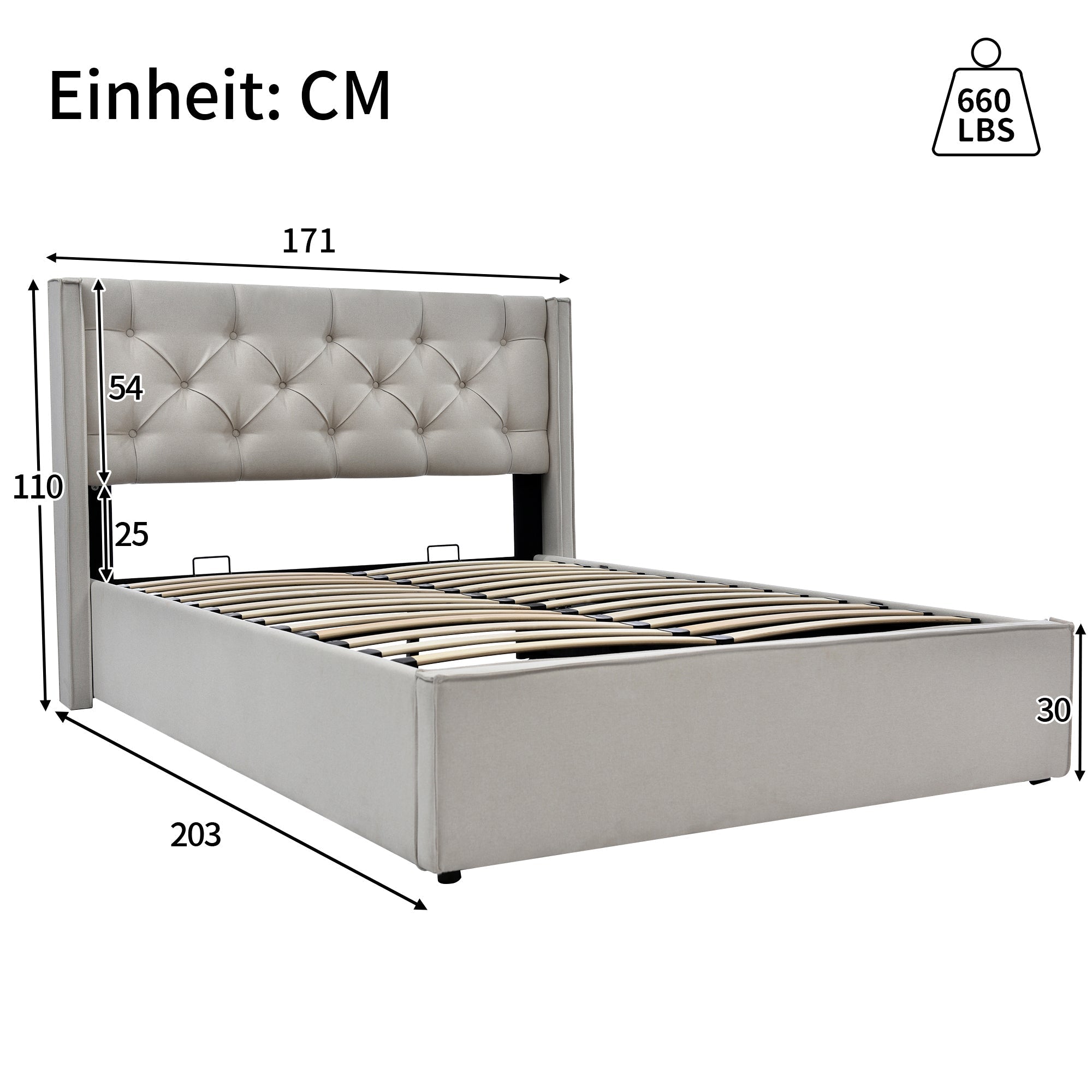 Upholstered Bed, Hydraulic Double with Storage, Light Grey Cotton