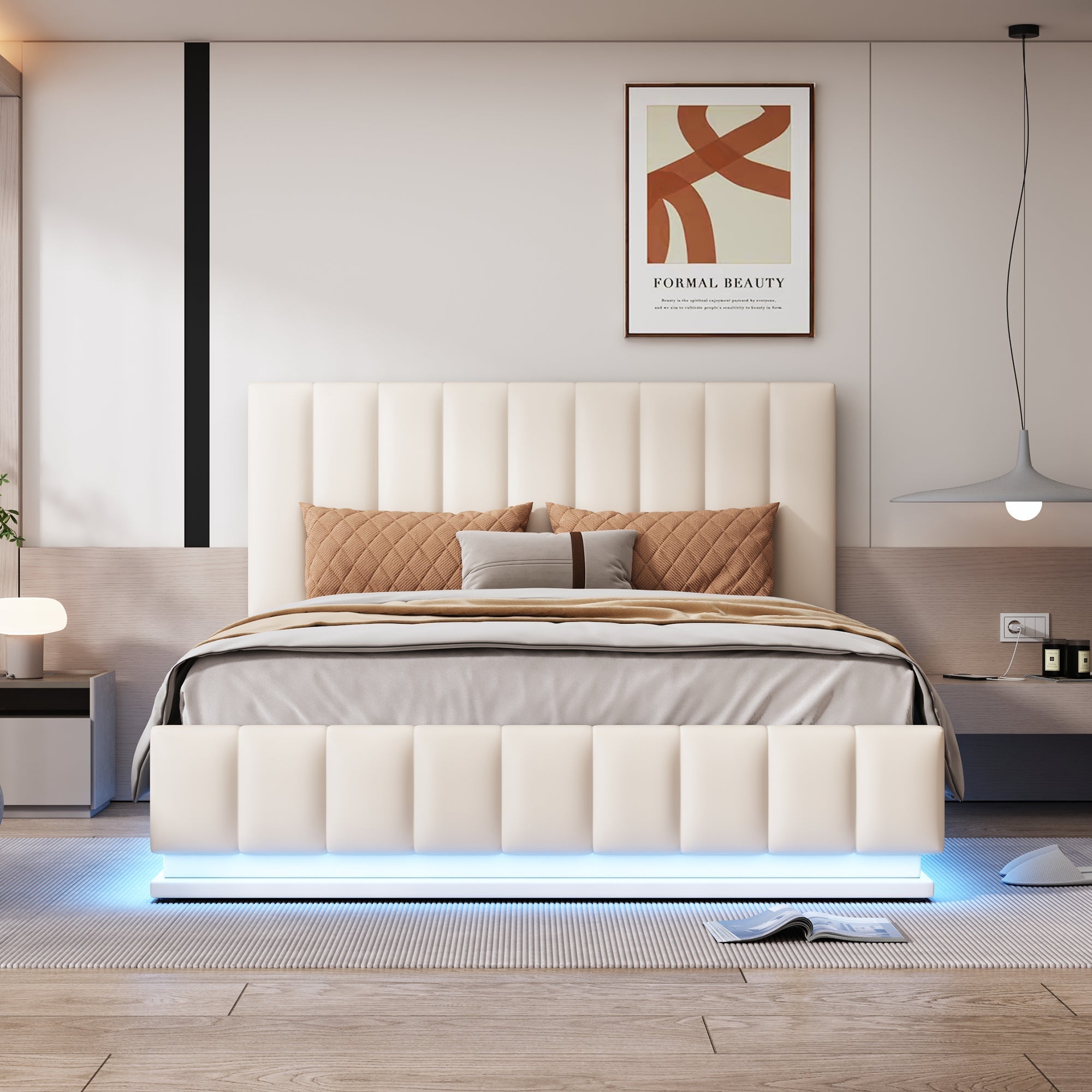 Upholstered Bed, 140x200cm, LED, Hydraulic Storage, White
