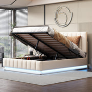 Upholstered Bed, 140x200cm, LED, Hydraulic Storage, White