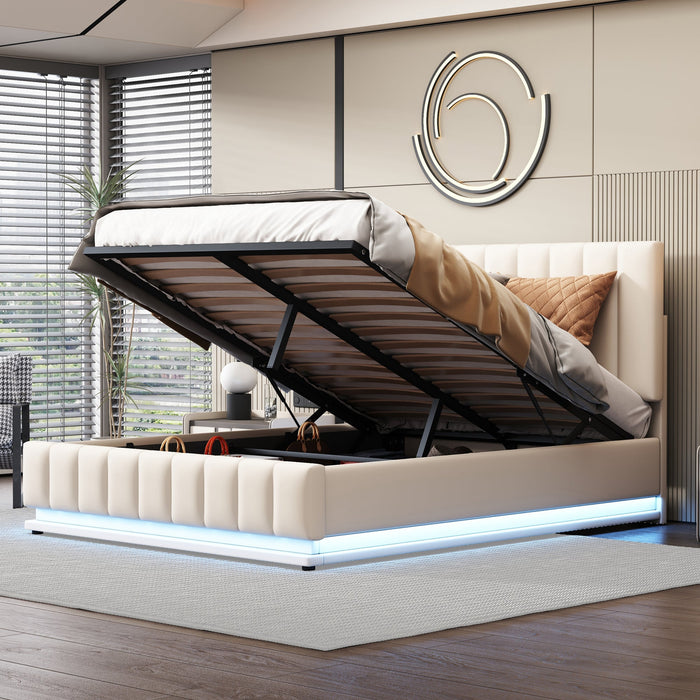 Upholstered Bed, 140x200cm, LED, Hydraulic Storage, White