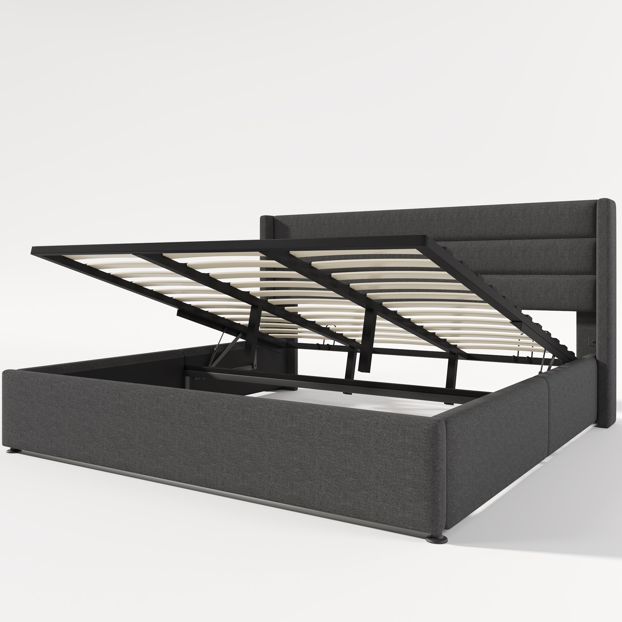 Storage Bed Upholstered Hydraulic Double 180x200cm, Slatted Base - Linen Grey