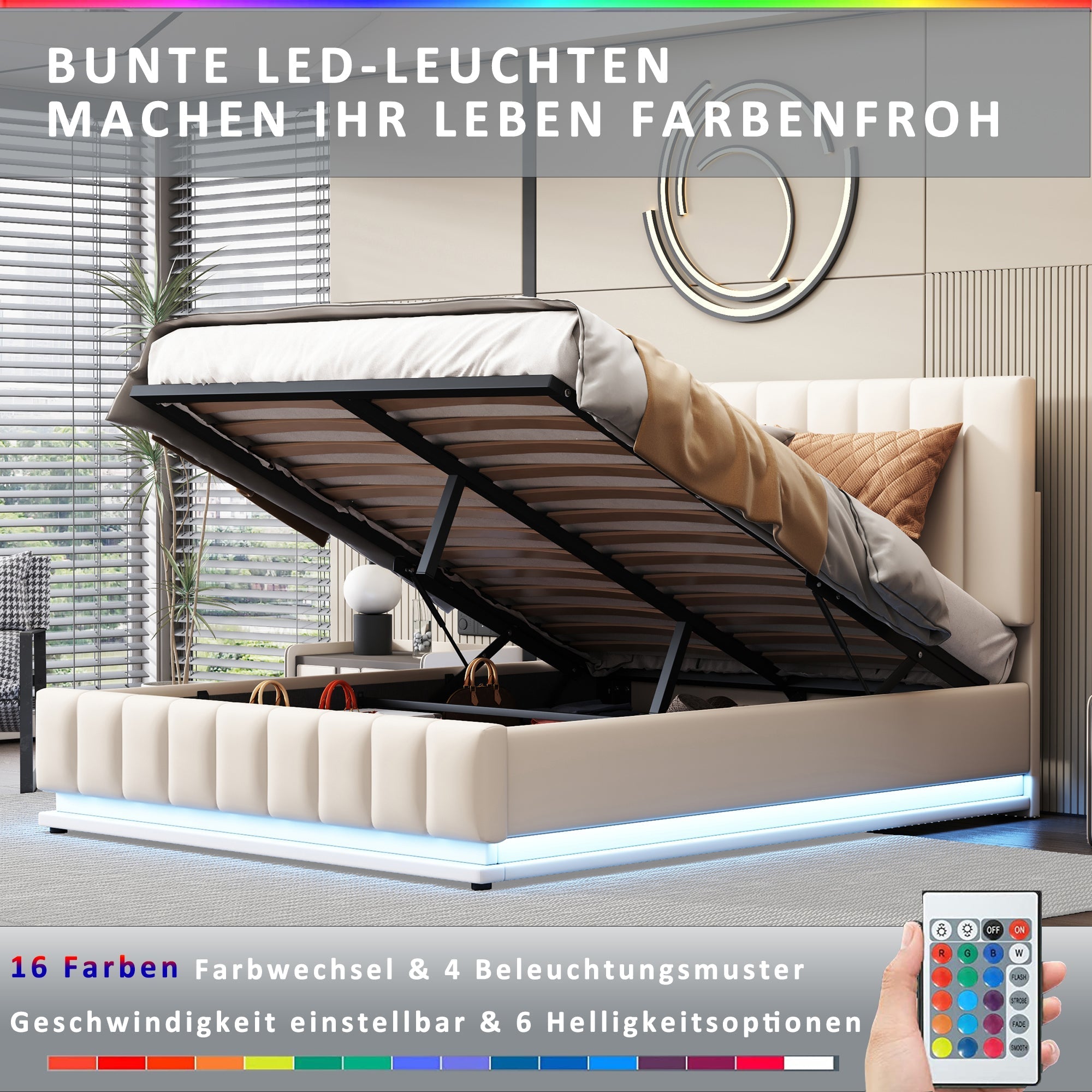 Upholstered Bed, 140x200cm, LED, Hydraulic Storage, White